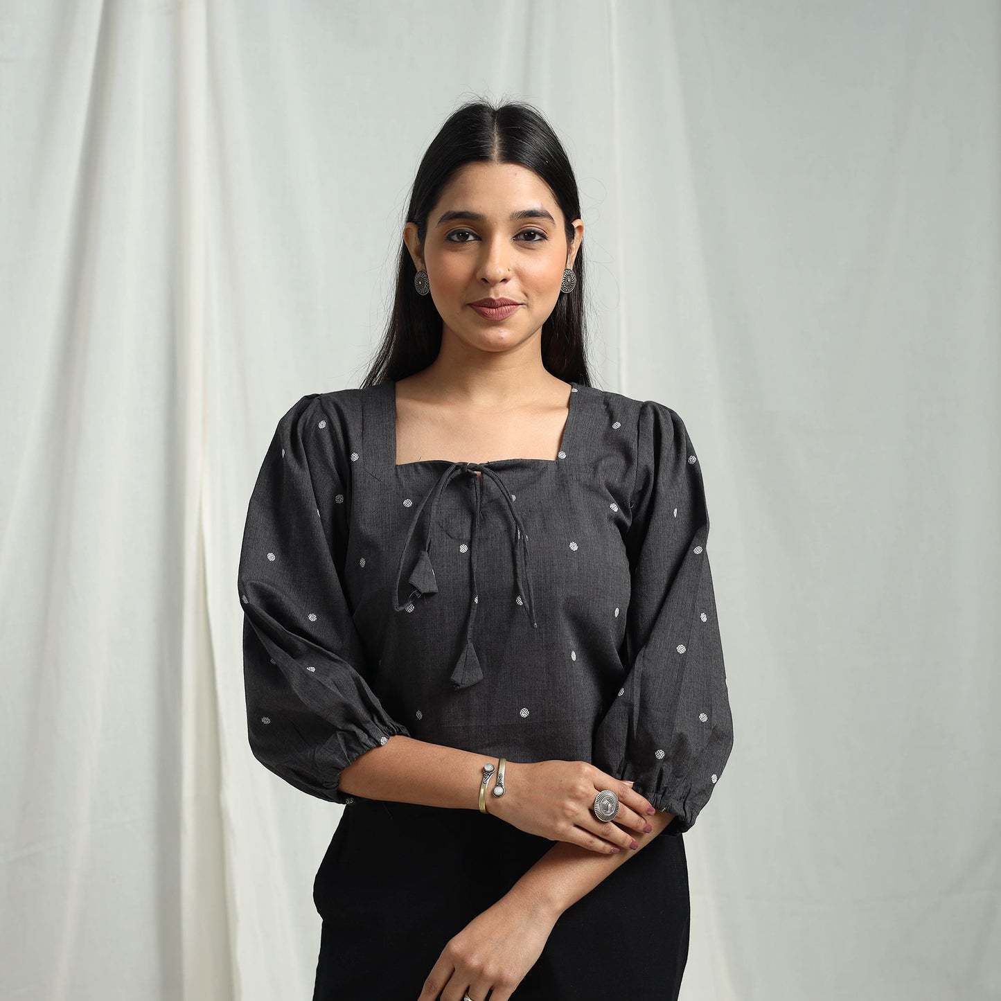 Buy Black Cotton Jacquard Crop Top