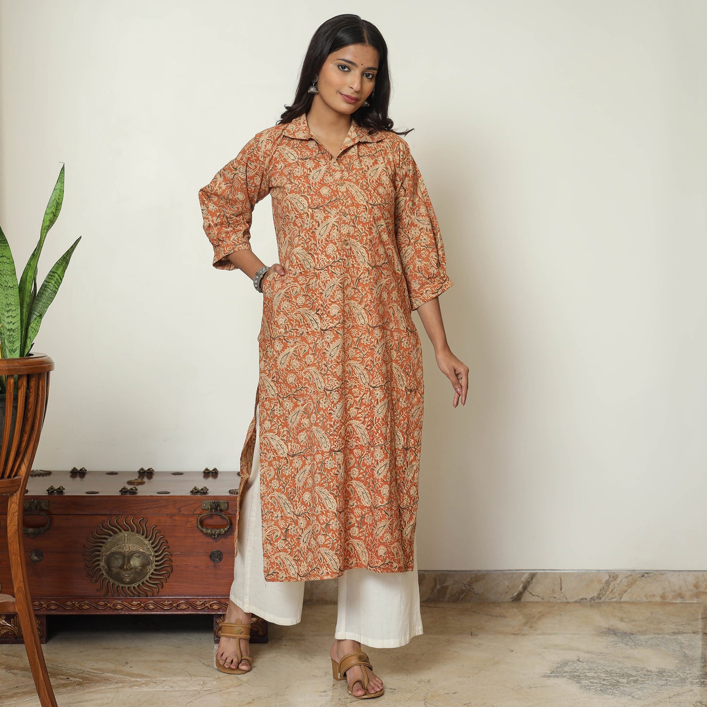 Orange - Pedana Kalamkari Hand Block Printed Cotton Straight Kurta 09