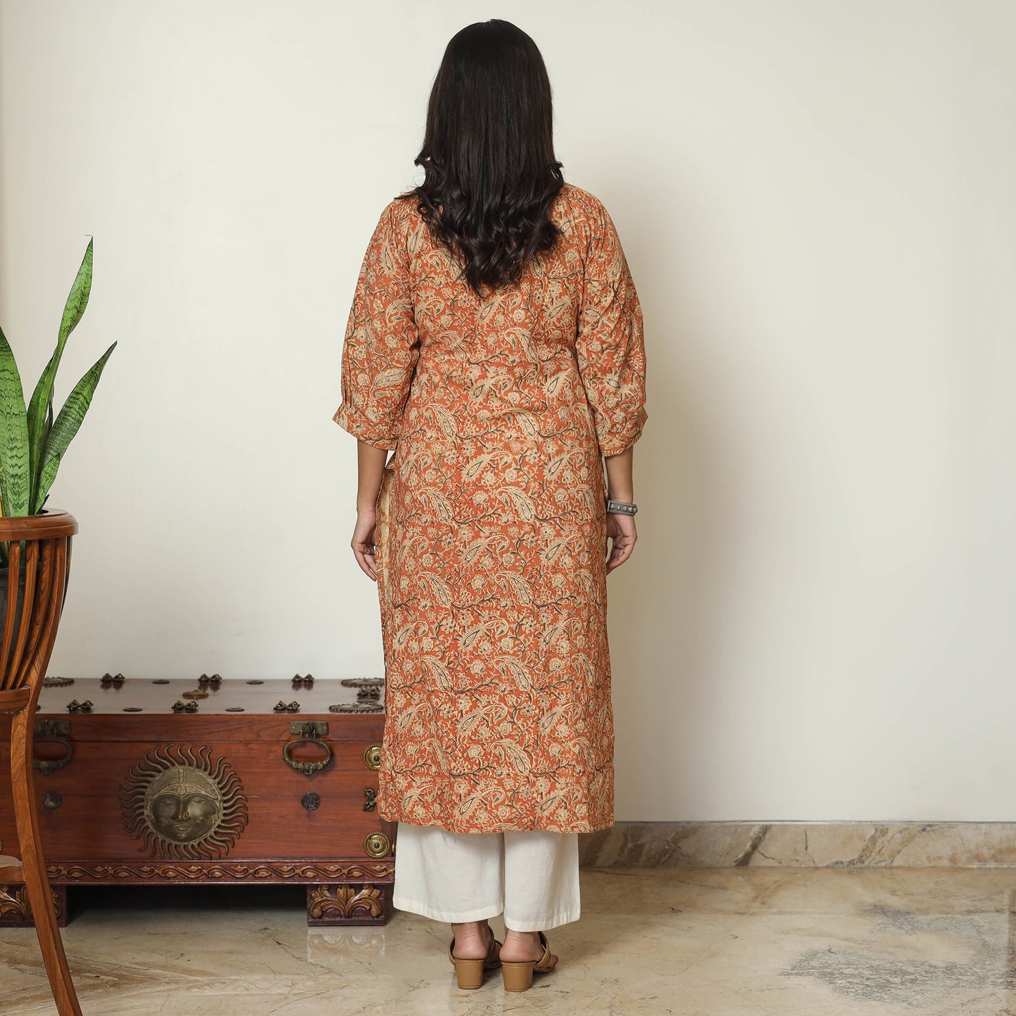 Orange - Pedana Kalamkari Hand Block Printed Cotton Straight Kurta 09