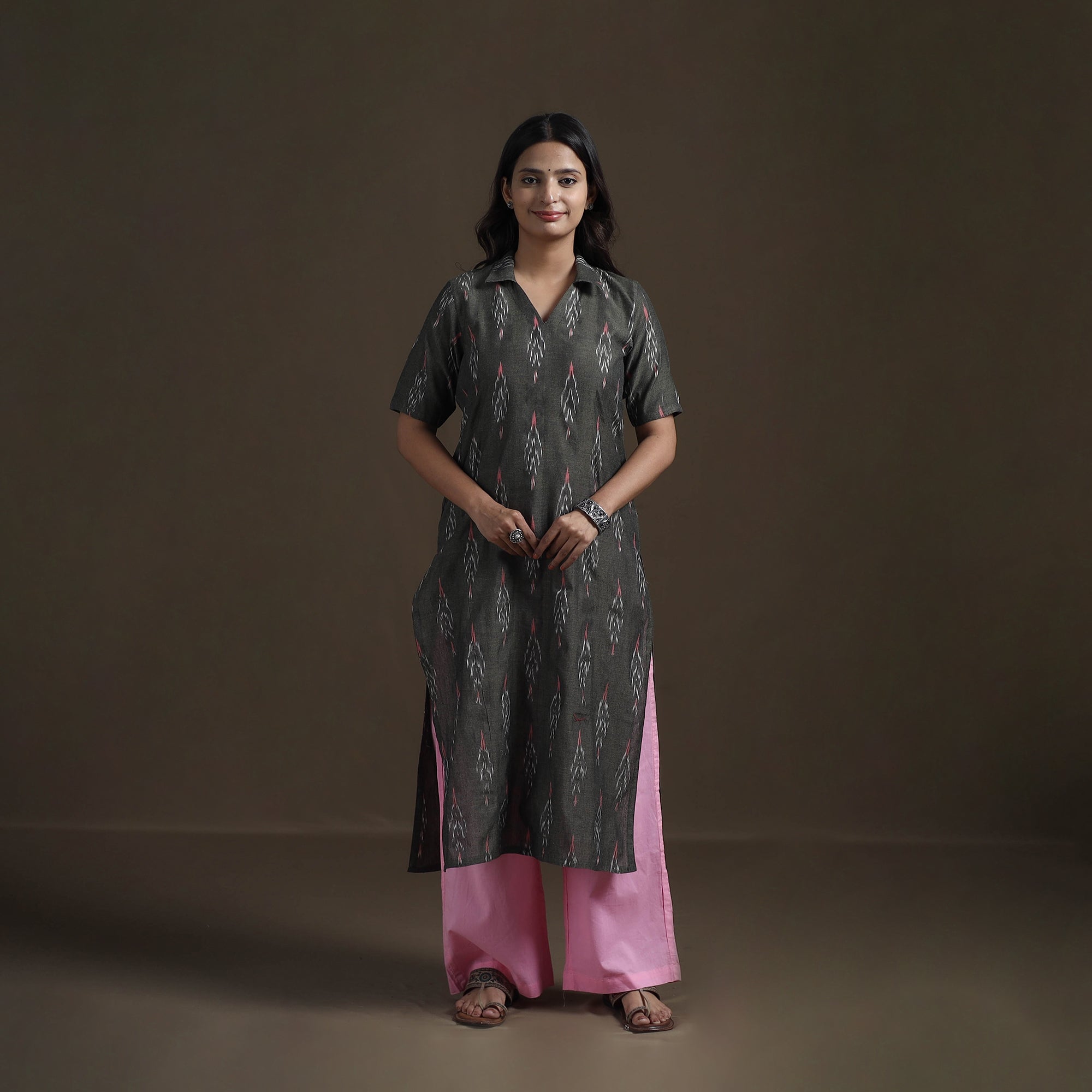 Grey - Pochampally Ikat Cotton Straight Long Kurta for Women 11
