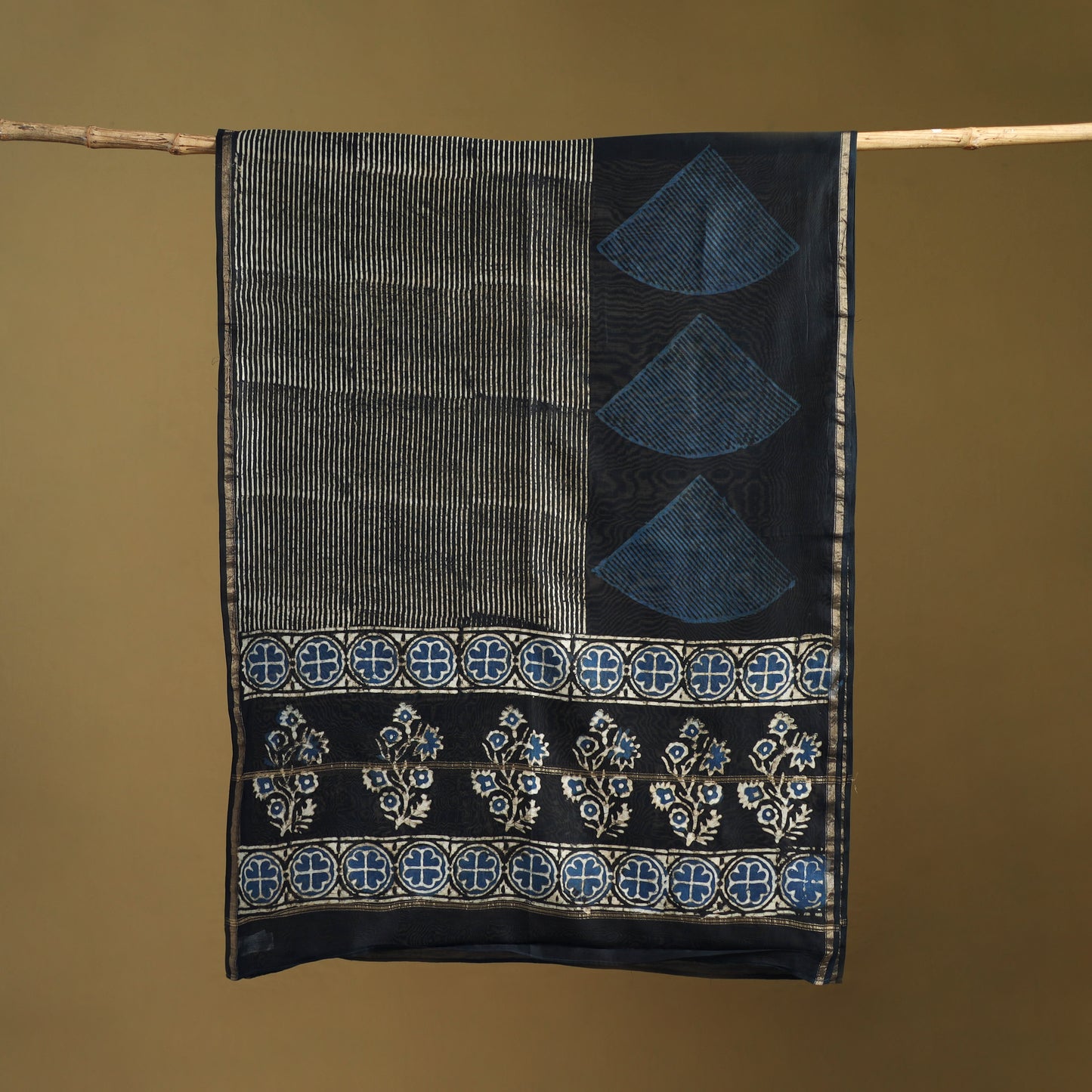 Black - Pipad Hand Block Print Natural Dyed Chanderi Silk Handloom Dupatta 28