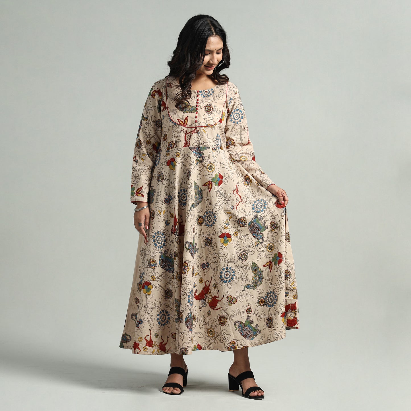 Beige - Kalamkari Printed Cotton A-Line Dress