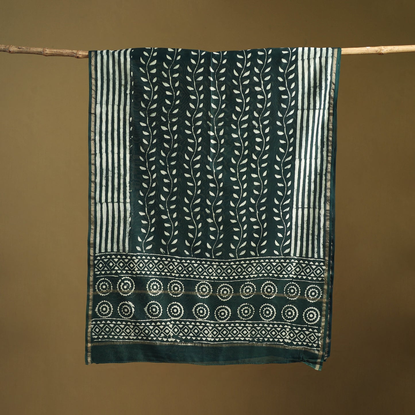 Green - Pipad Hand Block Print Natural Dyed Chanderi Silk Handloom Dupatta 20