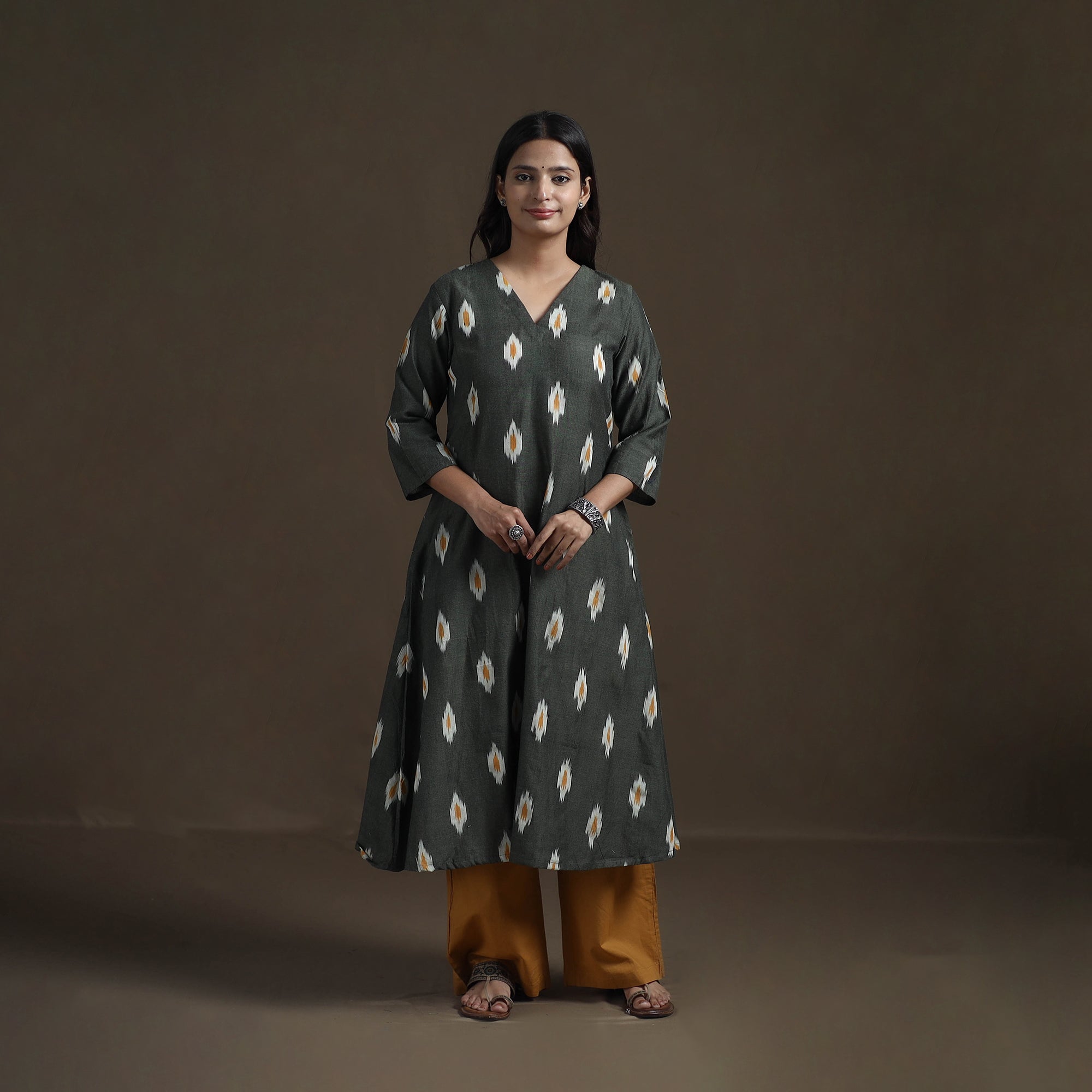Grey - Cotton A-Line Pochampally Ikat Long Kurta for Women 02