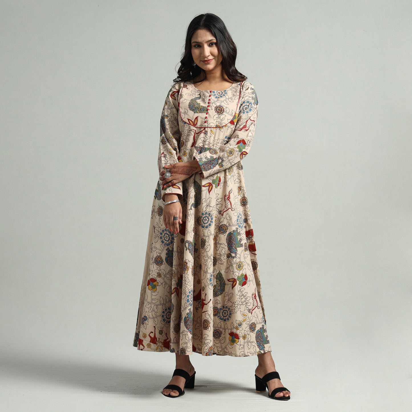 Beige - Kalamkari Printed Cotton A-Line Dress