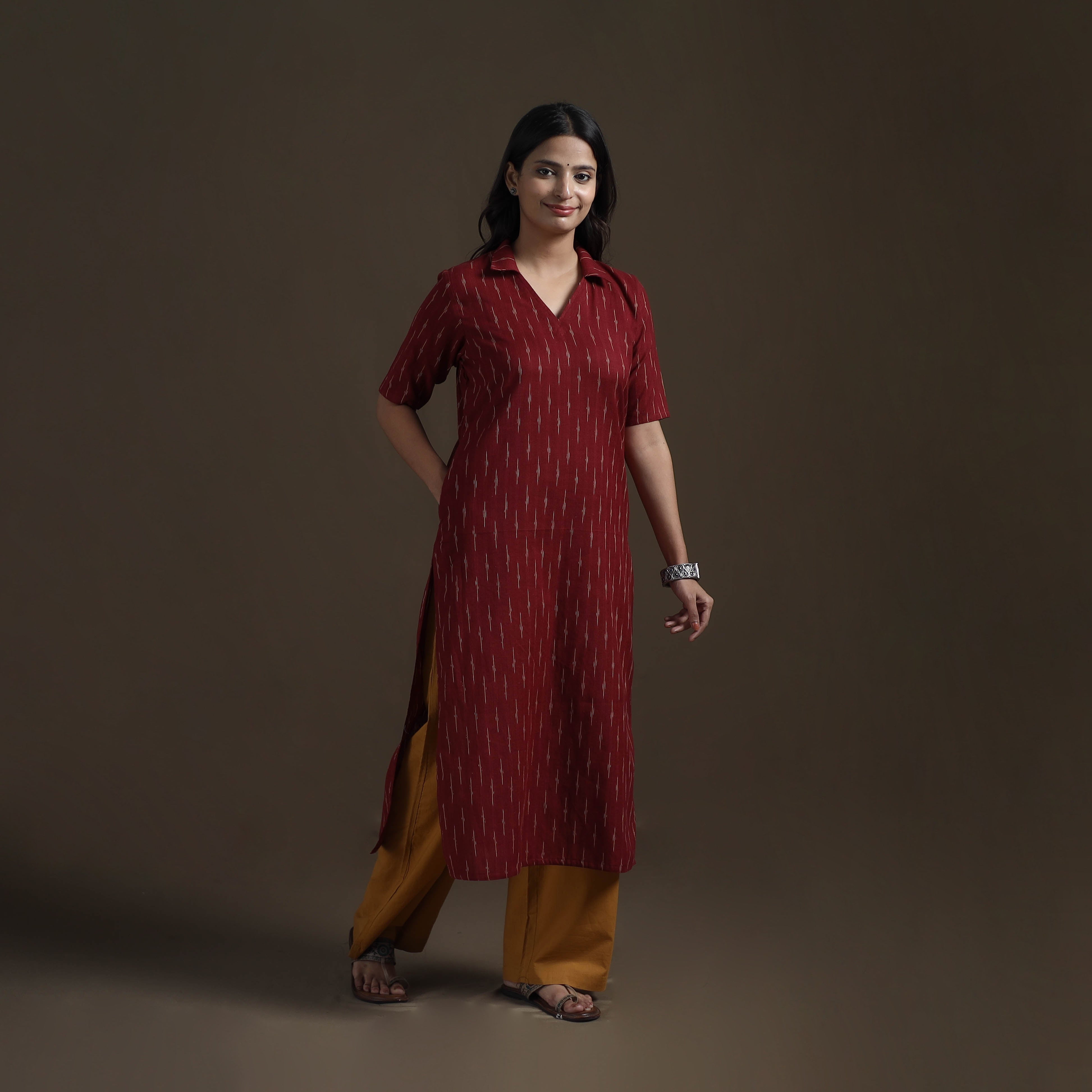 Maroon - Pochampally Ikat Cotton Straight Long Kurta for Women 13