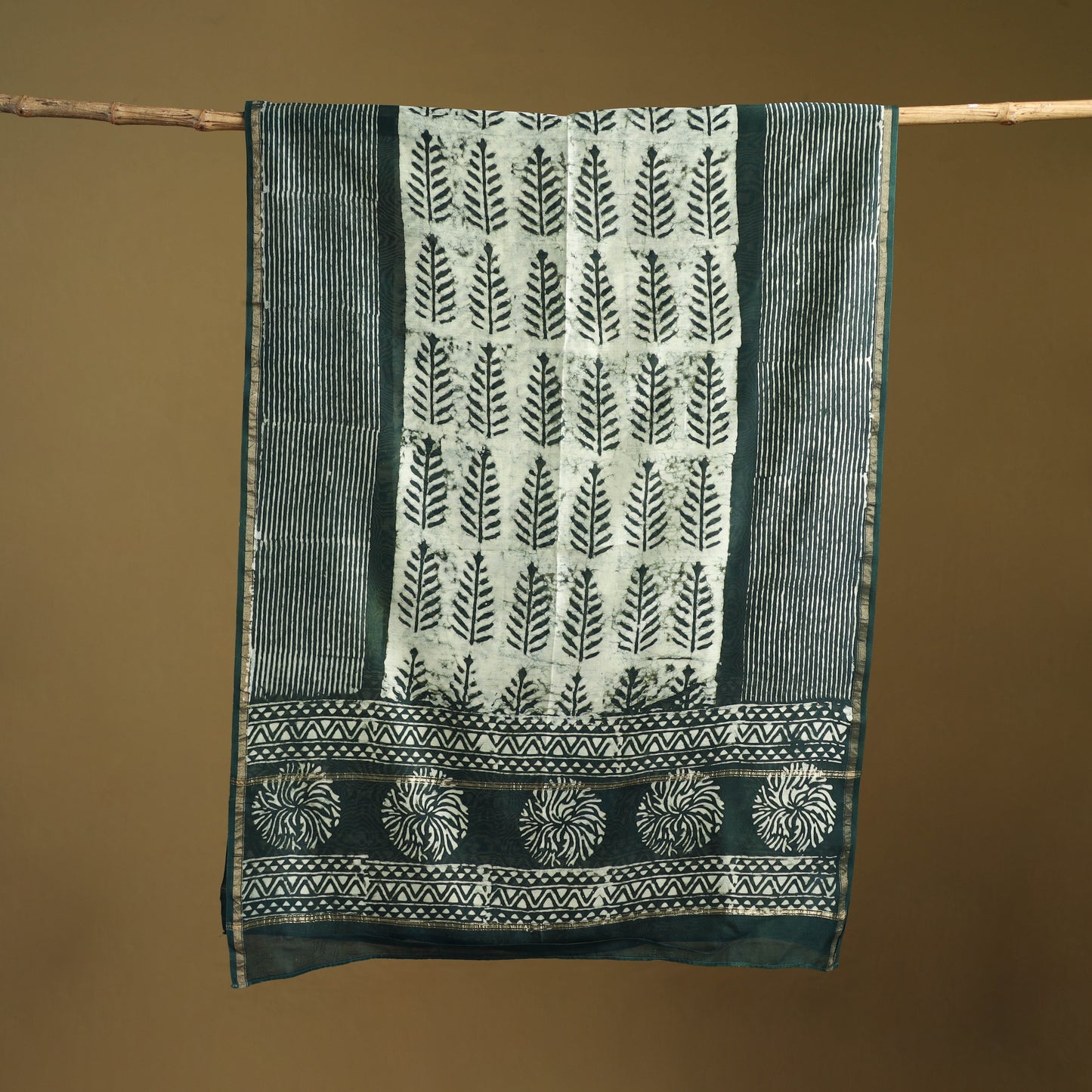 Green - Pipad Hand Block Print Natural Dyed Chanderi Silk Handloom Dupatta 15