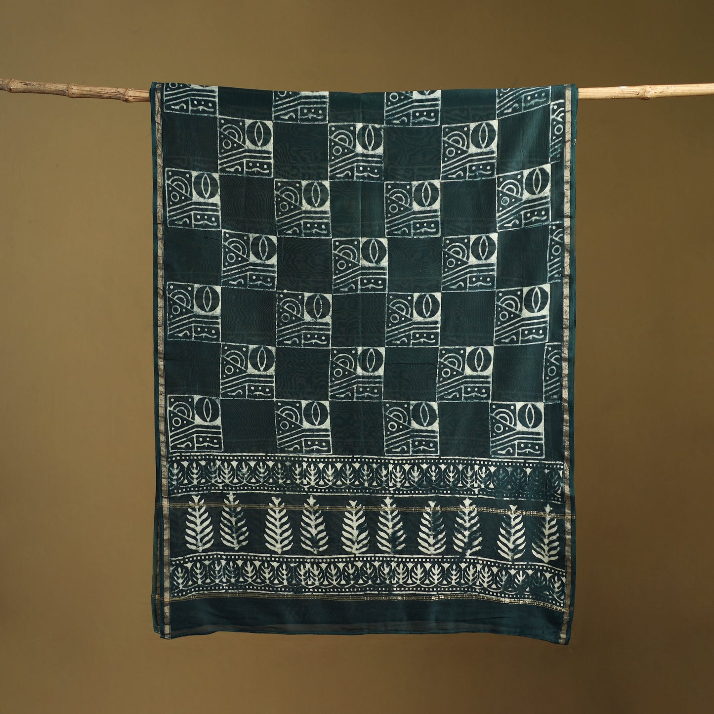 Green - Pipad Hand Block Print Natural Dyed Chanderi Silk Handloom Dupatta 14