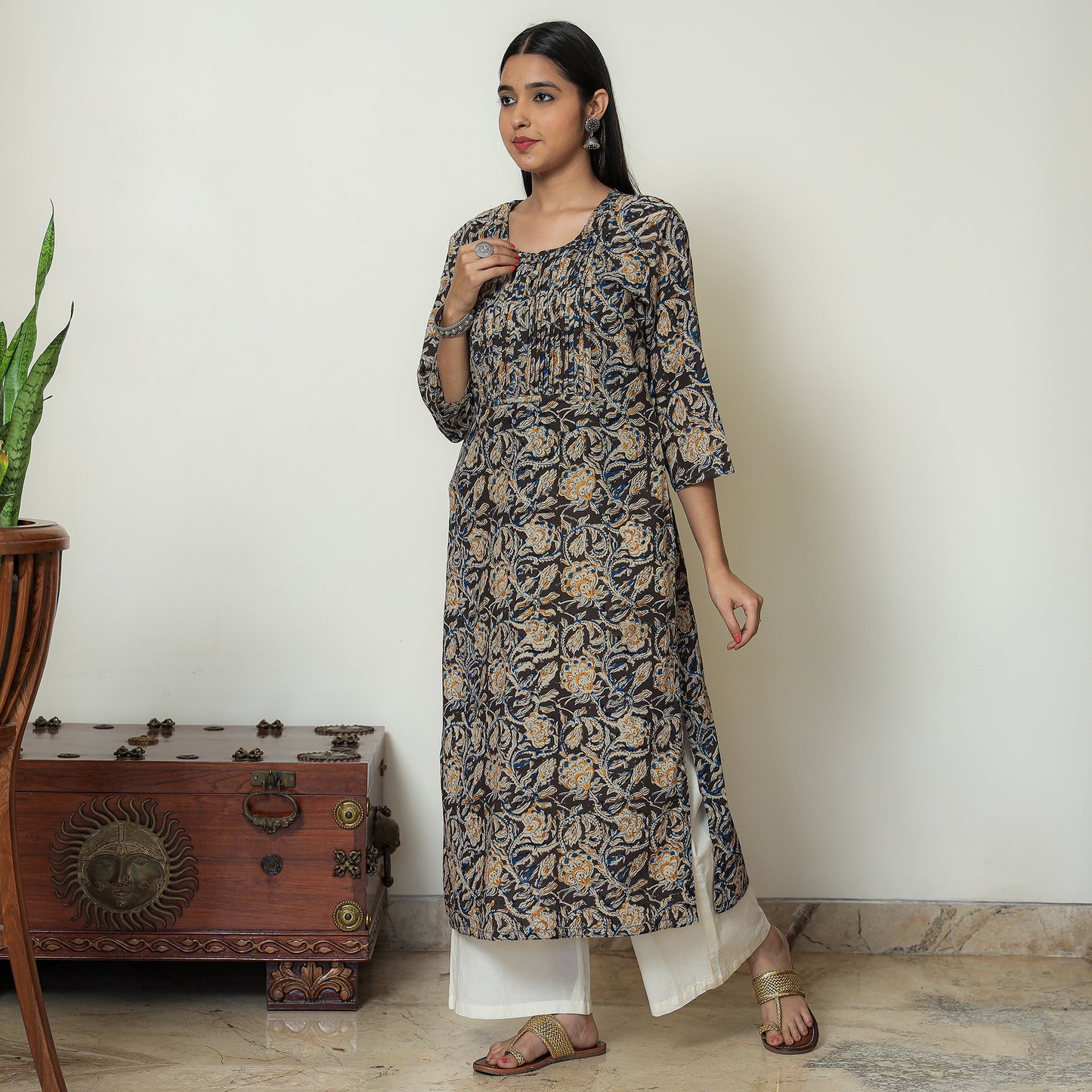 Kalamkari Block Print Cotton Pintuck Straight Kurta For Women