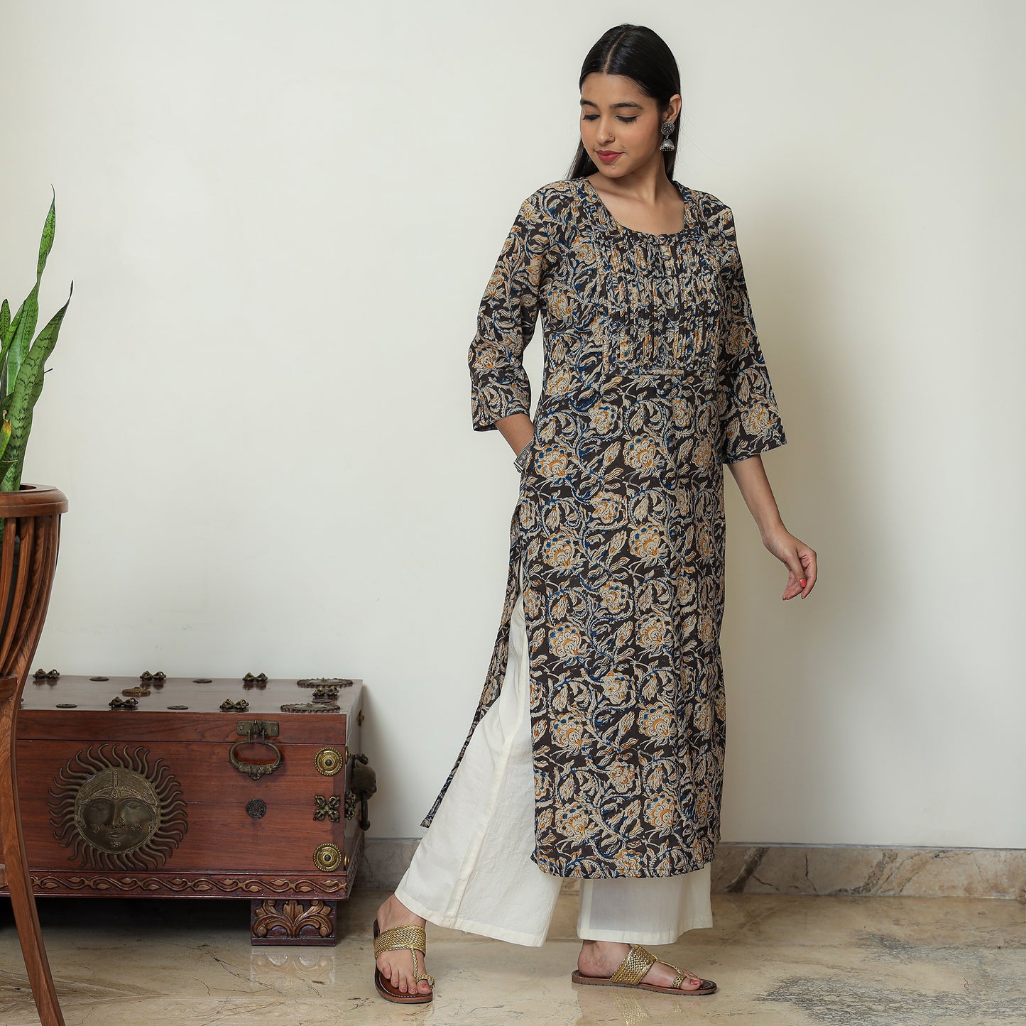 Kalamkari Block Print Cotton Pintuck Straight Kurta For Women