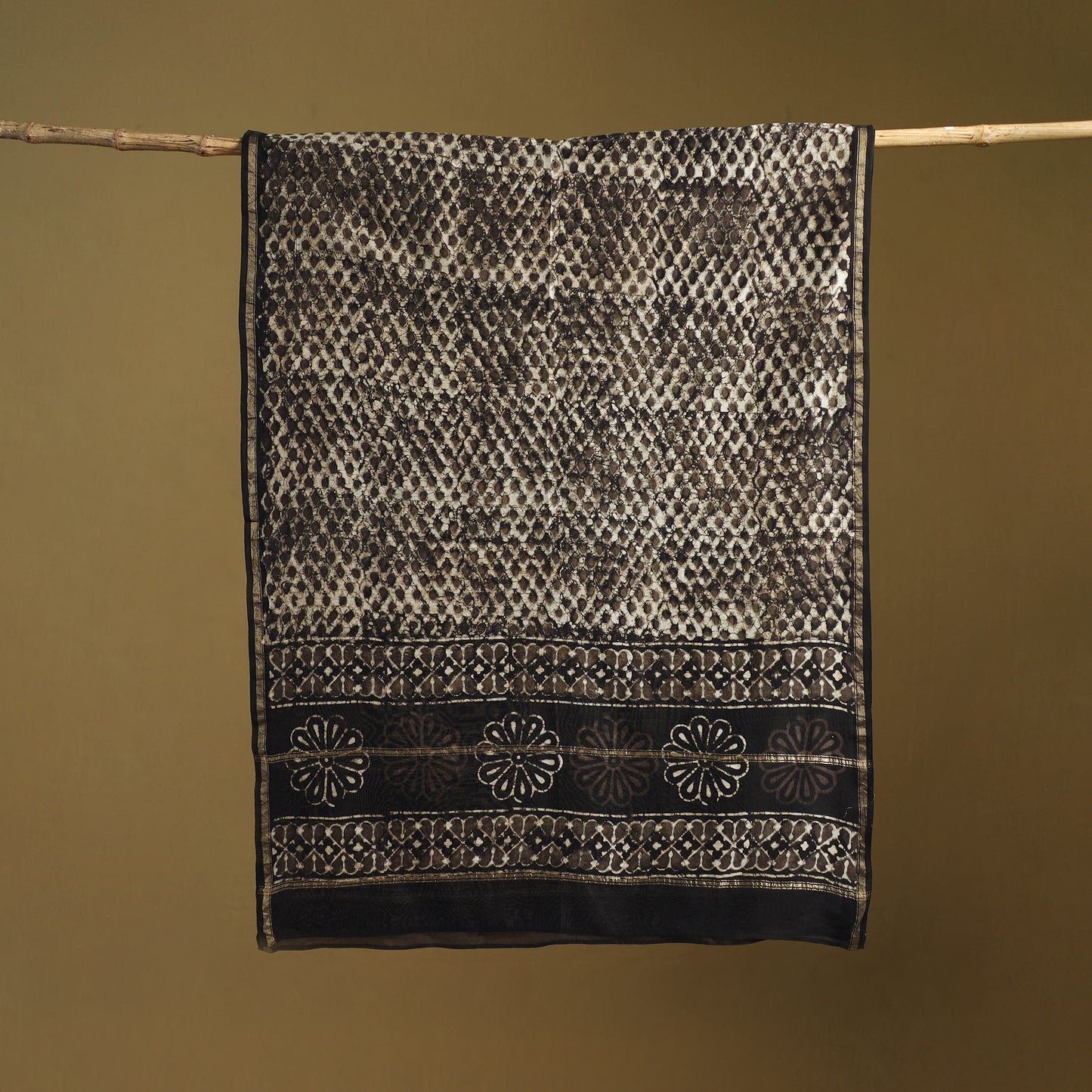 Brown - Pipad Hand Block Print Natural Dyed Chanderi Silk Handloom Dupatta 09