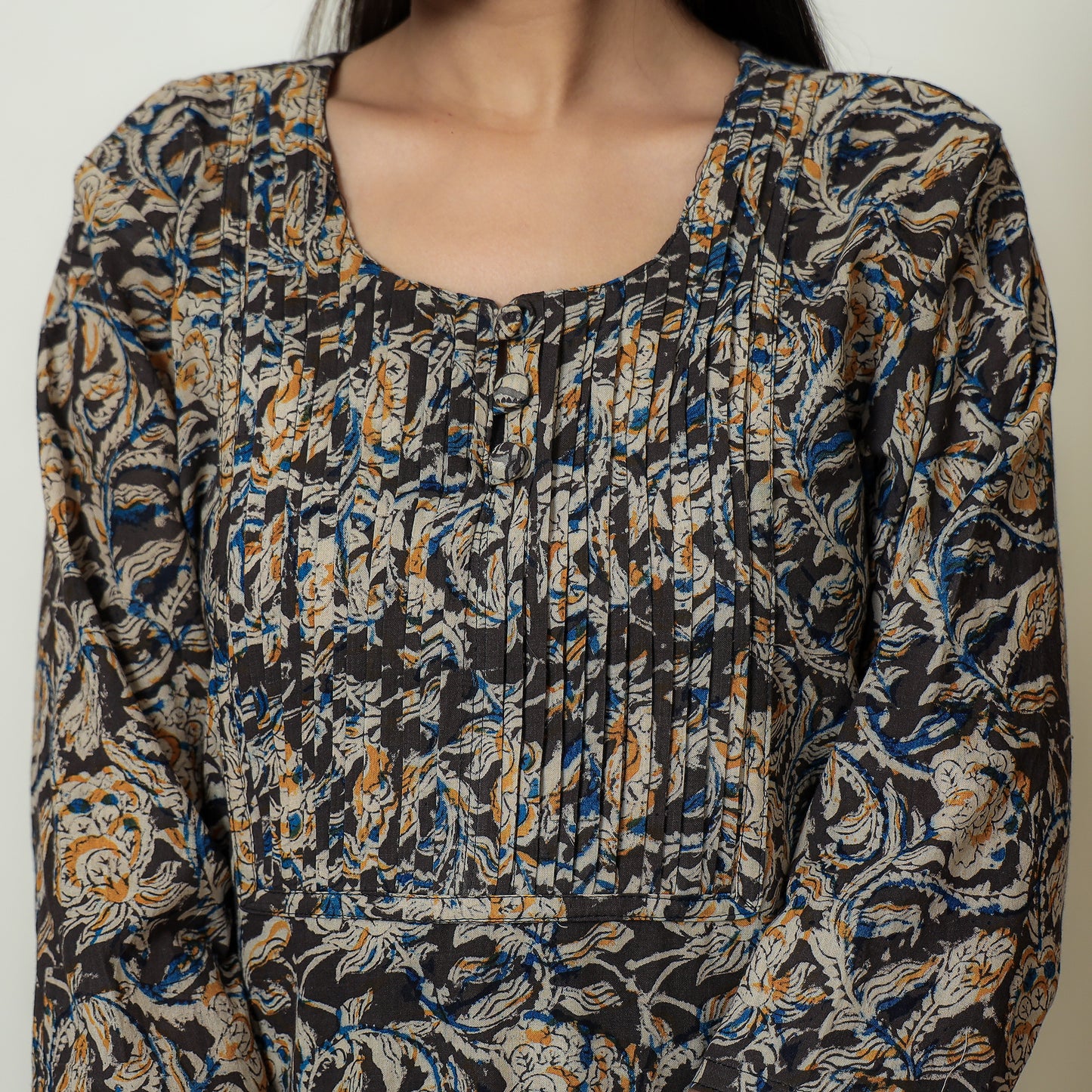 Kalamkari Block Print Cotton Pintuck Straight Kurta For Women