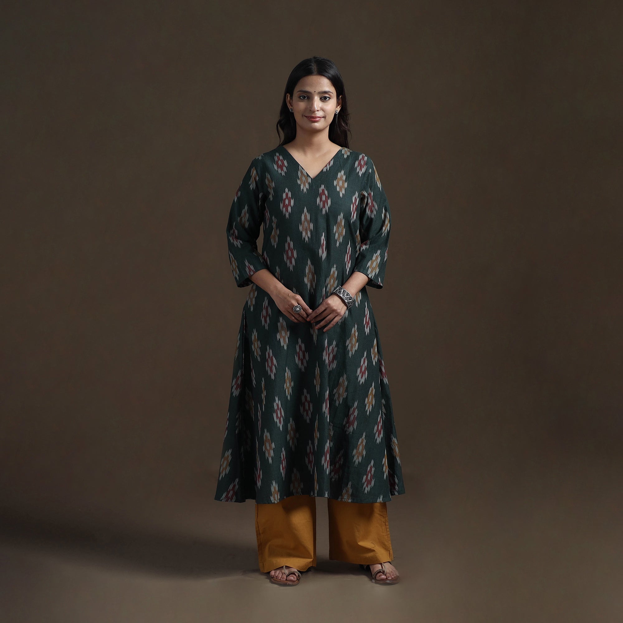 Green - Cotton A-Line Pochampally Ikat Long Kurta for Women 05