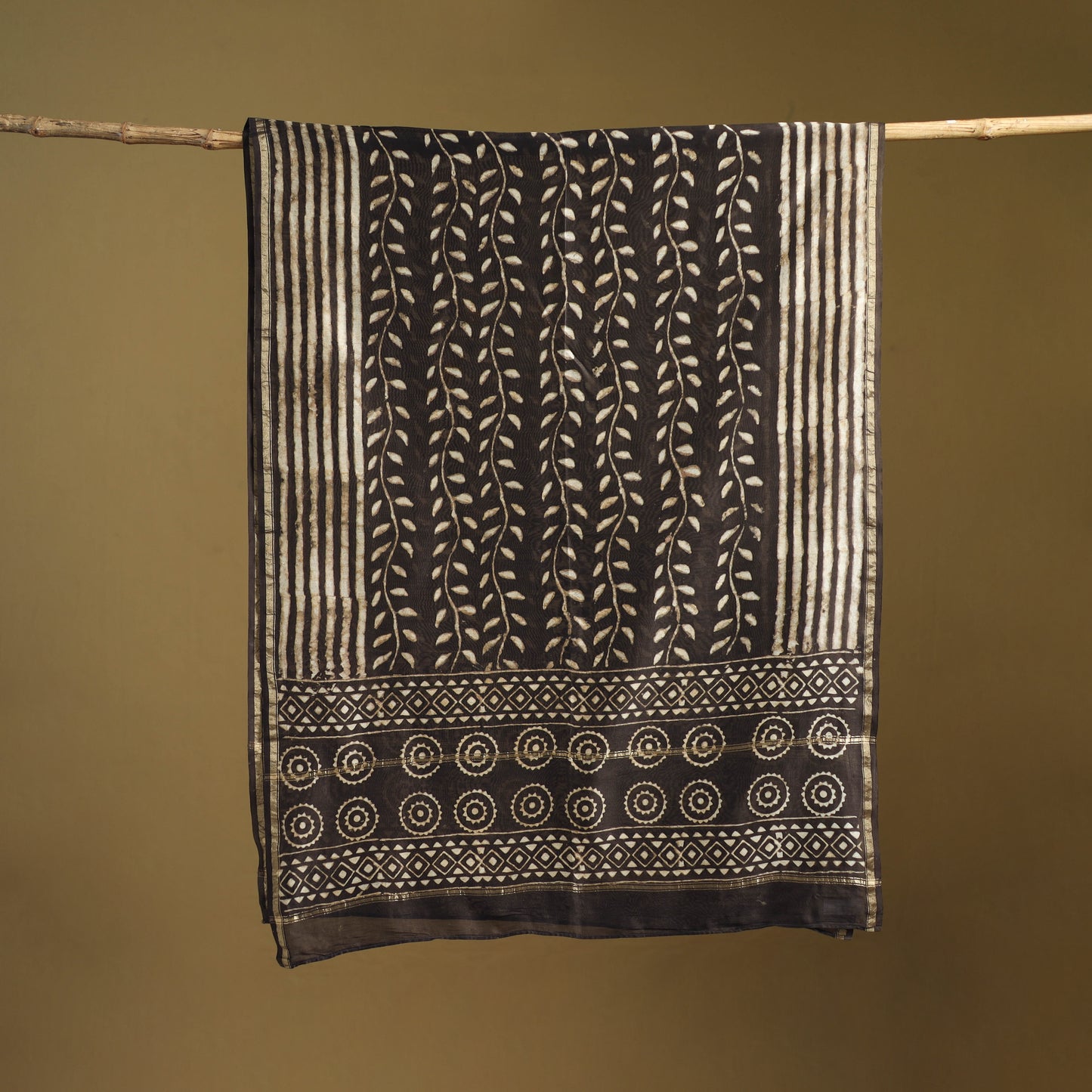 Brown - Pipad Hand Block Print Natural Dyed Chanderi Silk Handloom Dupatta 08