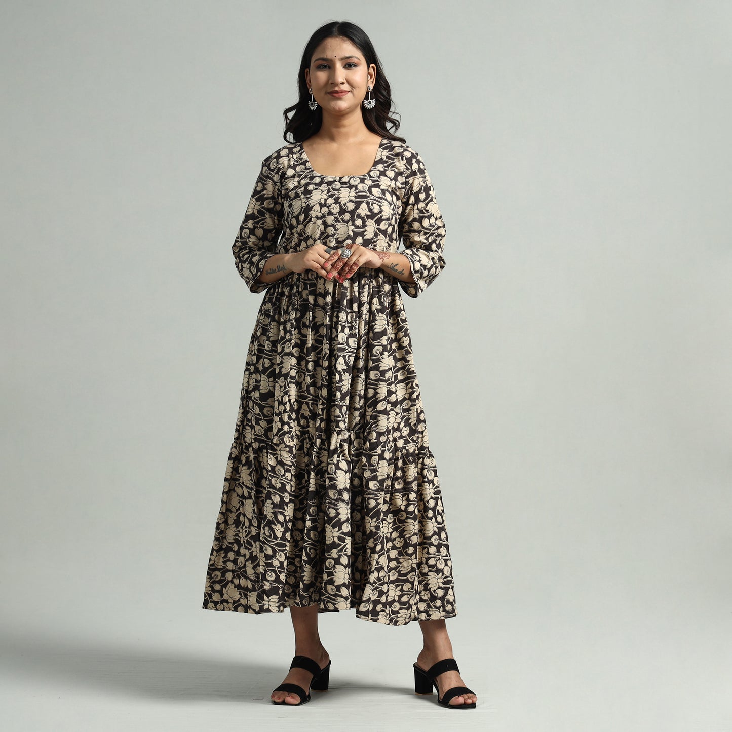Black - Kalamkari Printed Tiered Cotton Dress