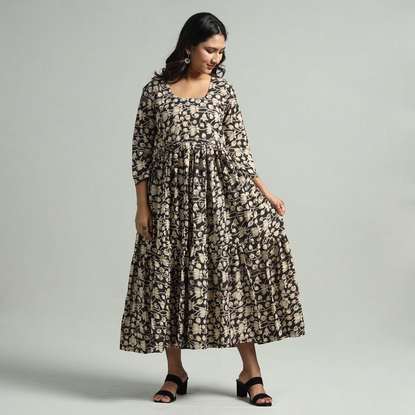 Black - Kalamkari Printed Tiered Cotton Dress