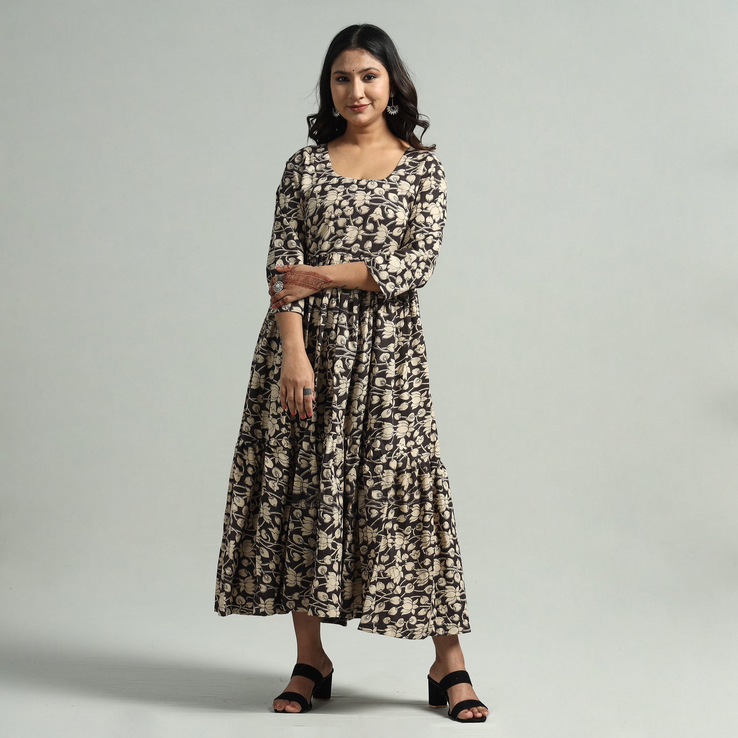 Black - Kalamkari Printed Tiered Cotton Dress