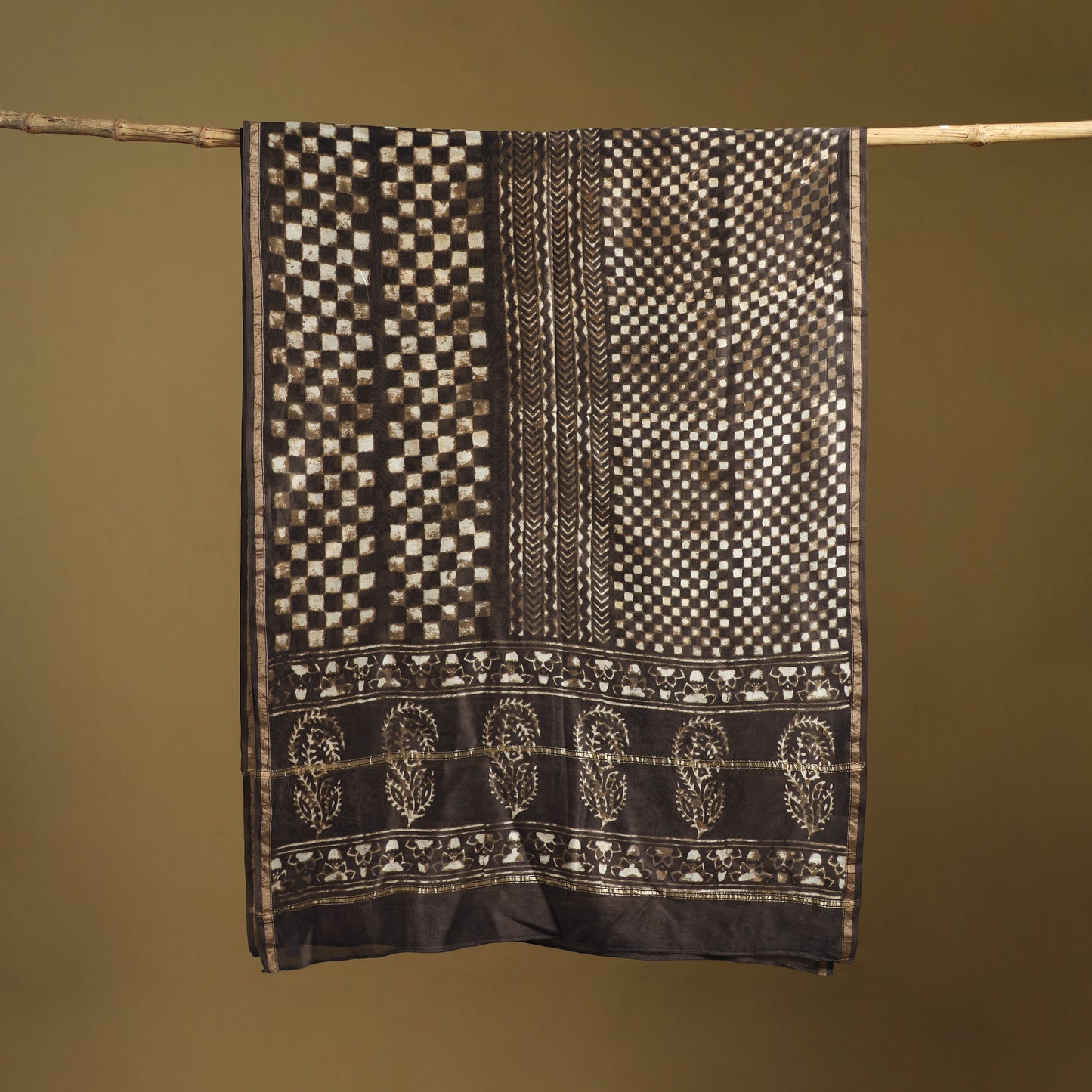 Brown - Pipad Hand Block Print Natural Dyed Chanderi Silk Handloom Dupatta 02