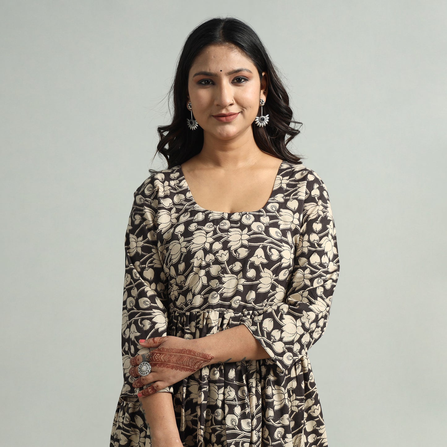 Black - Kalamkari Printed Tiered Cotton Dress