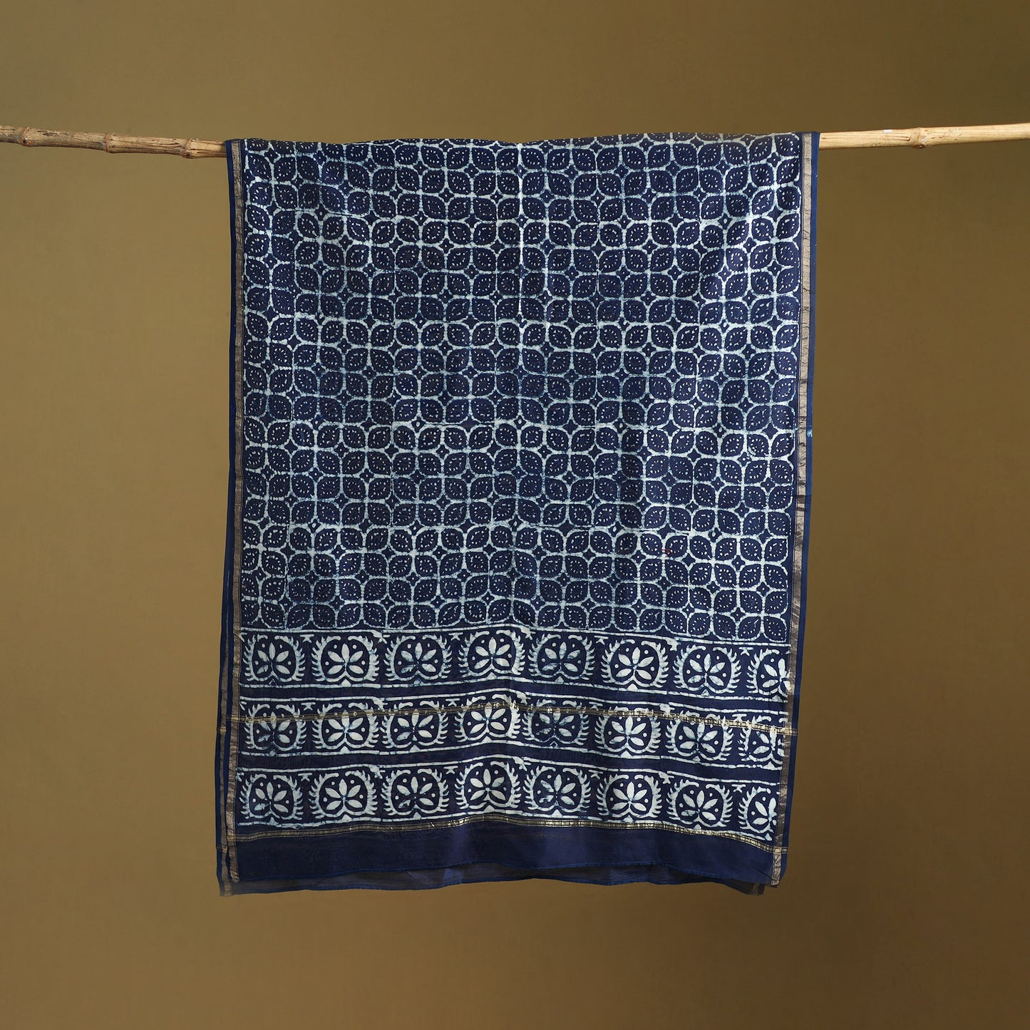 Blue - Pipad Hand Block Print Natural Dyed Chanderi Silk Handloom Dupatta 01