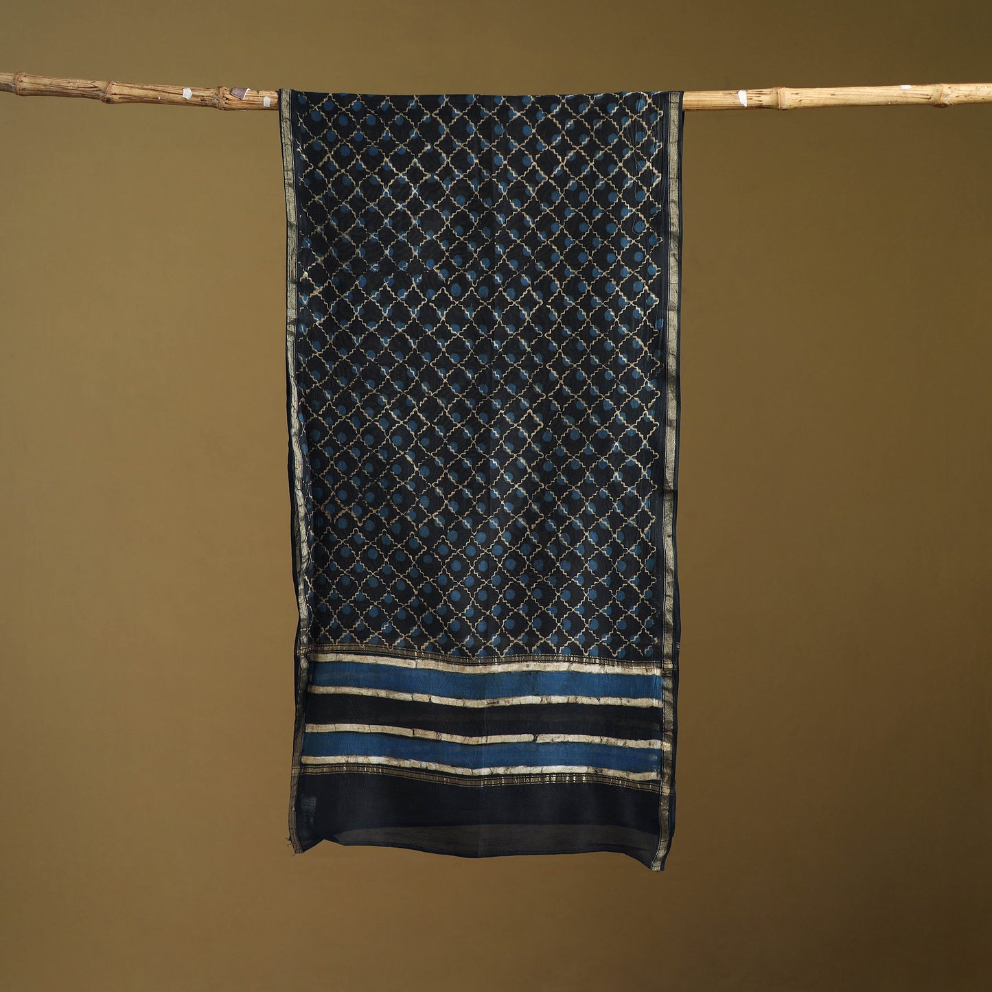 Black - Pipad Hand Block Print Natural Dyed Chanderi Silk Handloom Stole 02