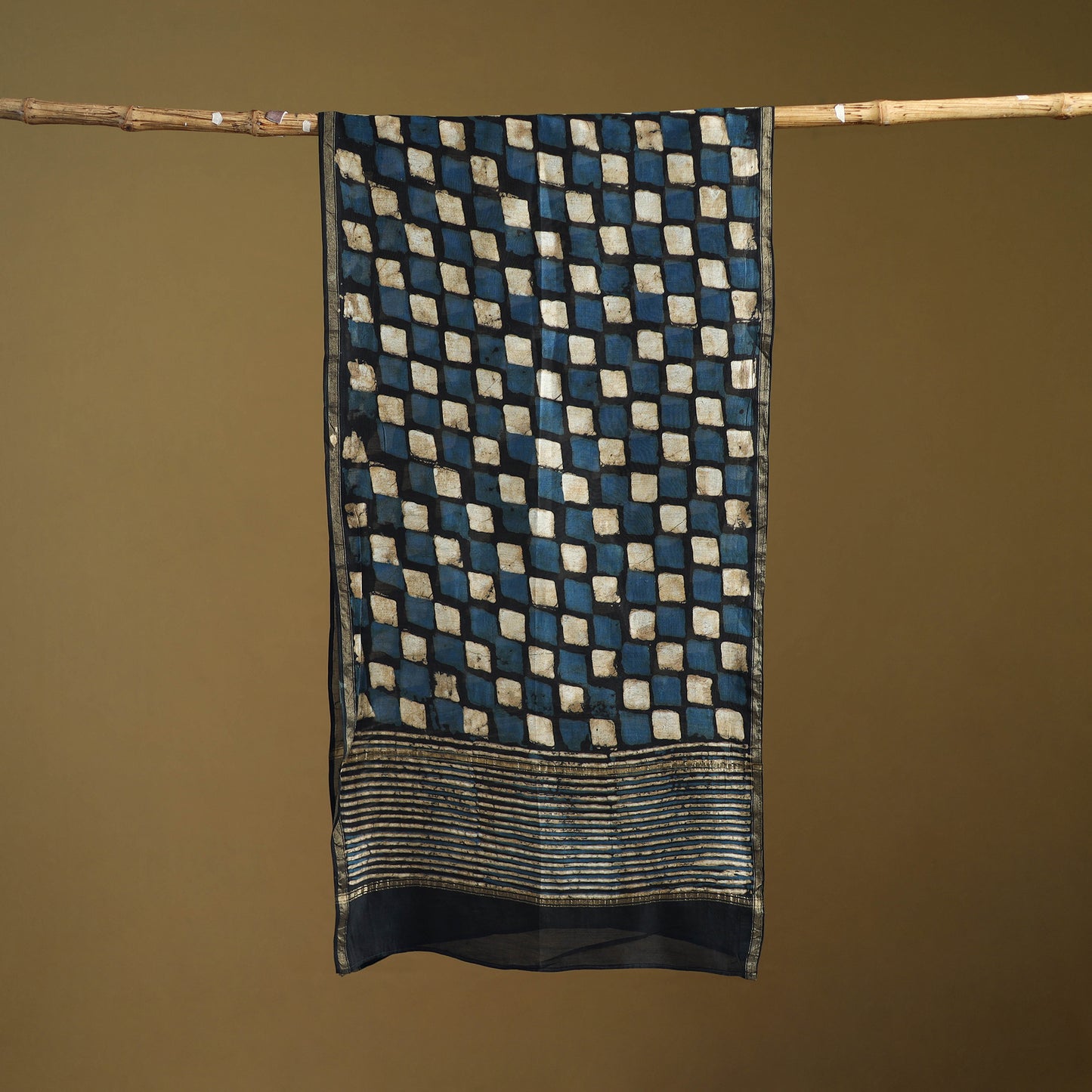 Black - Pipad Hand Block Print Natural Dyed Chanderi Silk Handloom Stole 07
