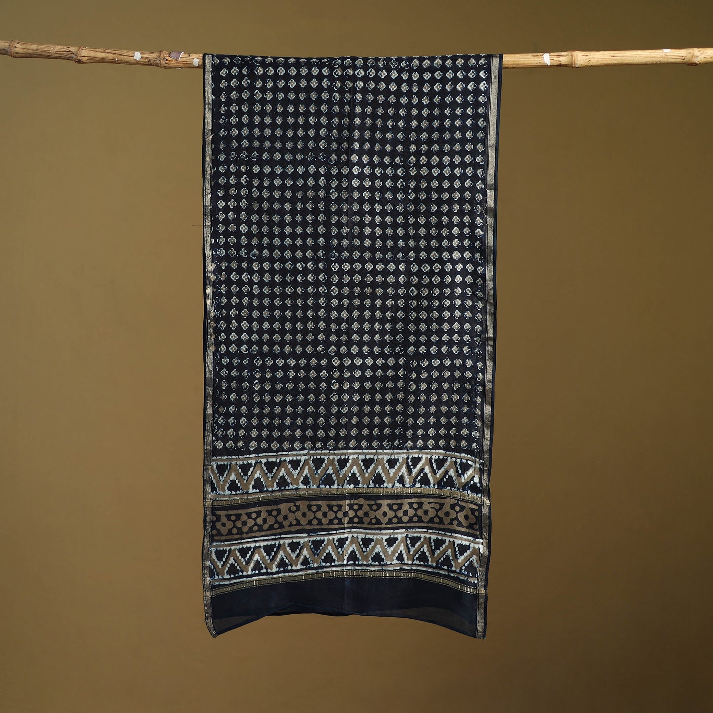 Black - Pipad Hand Block Print Natural Dyed Chanderi Silk Handloom Stole 08