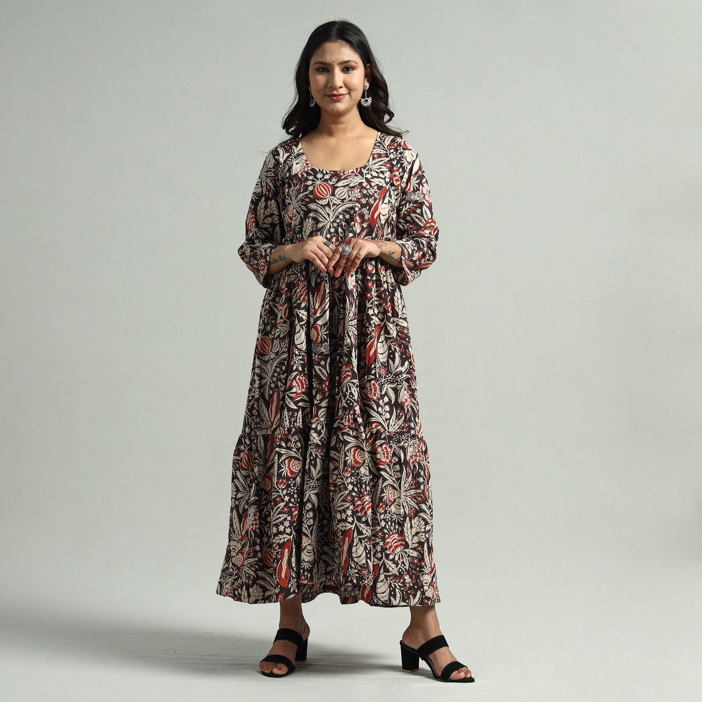 Black - Kalamkari Printed Tiered Cotton Dress
