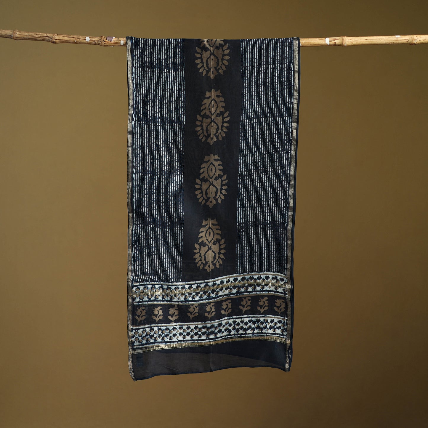 Black - Pipad Hand Block Print Natural Dyed Chanderi Silk Handloom Stole 10