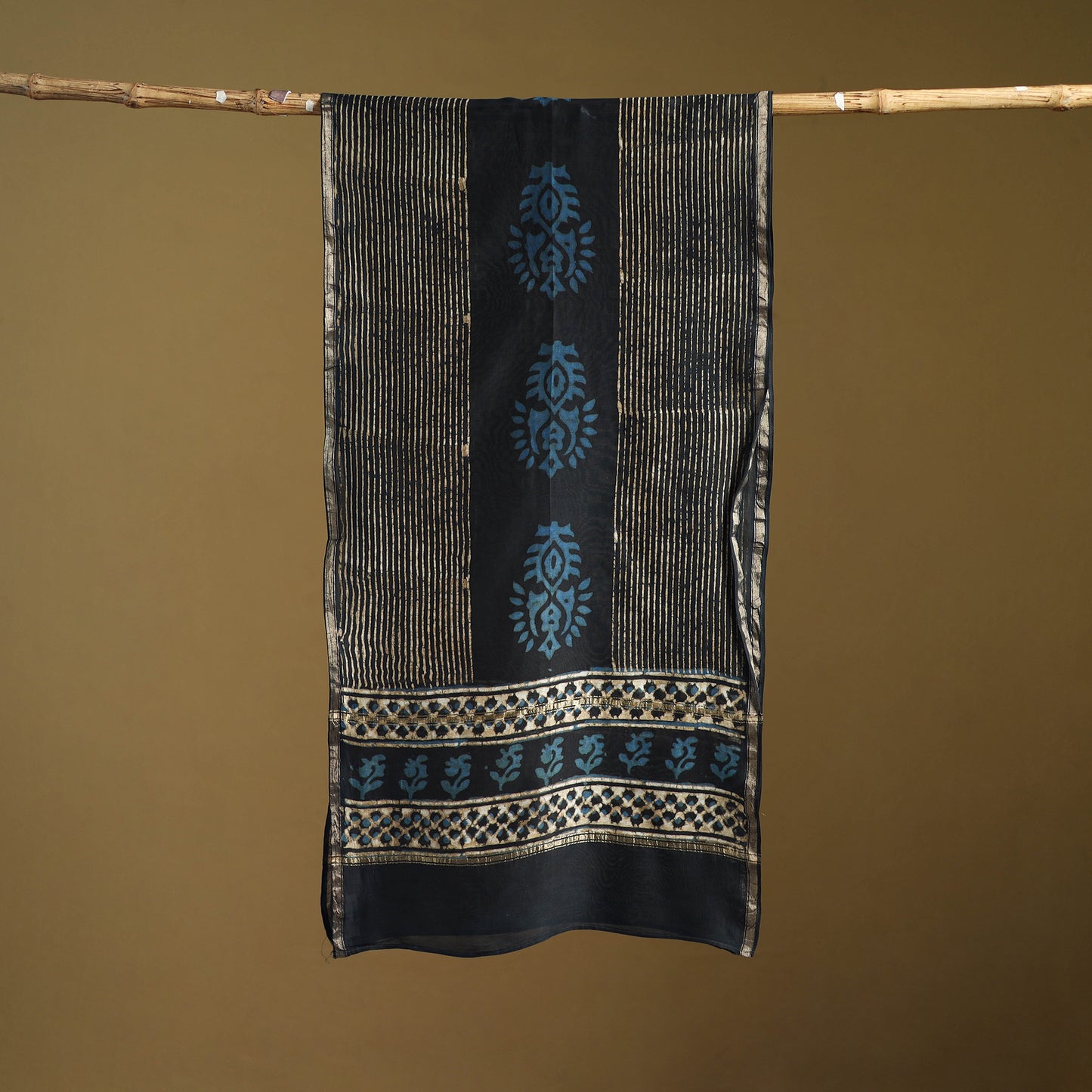 Black - Pipad Hand Block Print Natural Dyed Chanderi Silk Handloom Stole 11