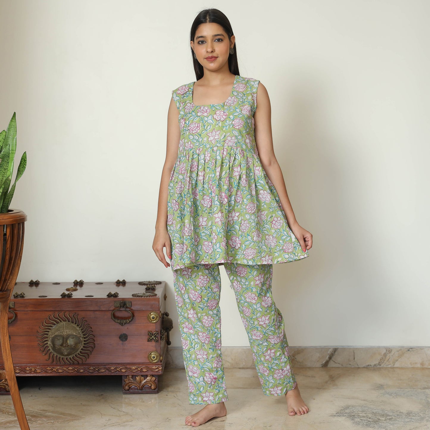Green - Sanganeri Block Printed Cotton Night Suit Set 22