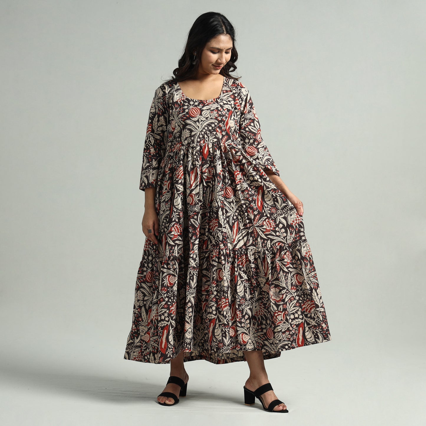 Black - Kalamkari Printed Tiered Cotton Dress