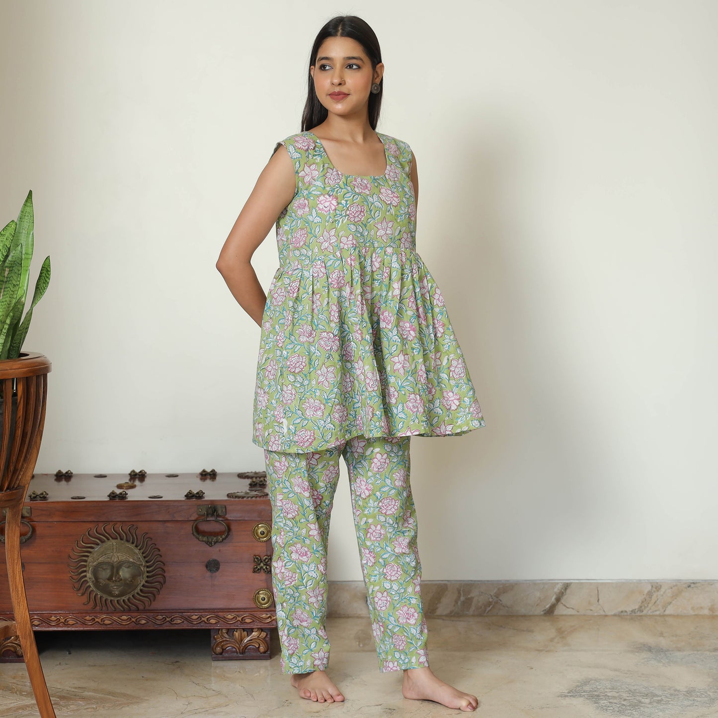 Green - Sanganeri Block Printed Cotton Night Suit Set 22