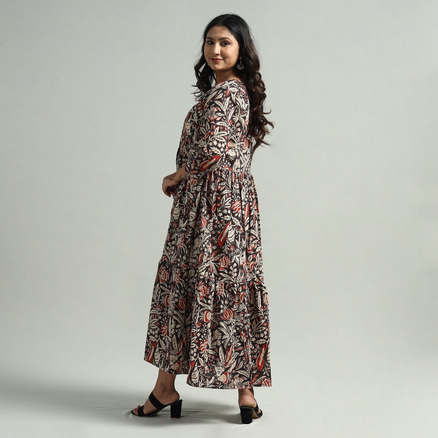 Black - Kalamkari Printed Tiered Cotton Dress