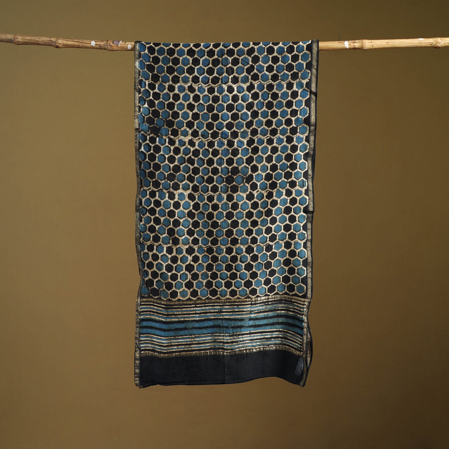 Black - Pipad Hand Block Print Natural Dyed Chanderi Silk Handloom Stole 13