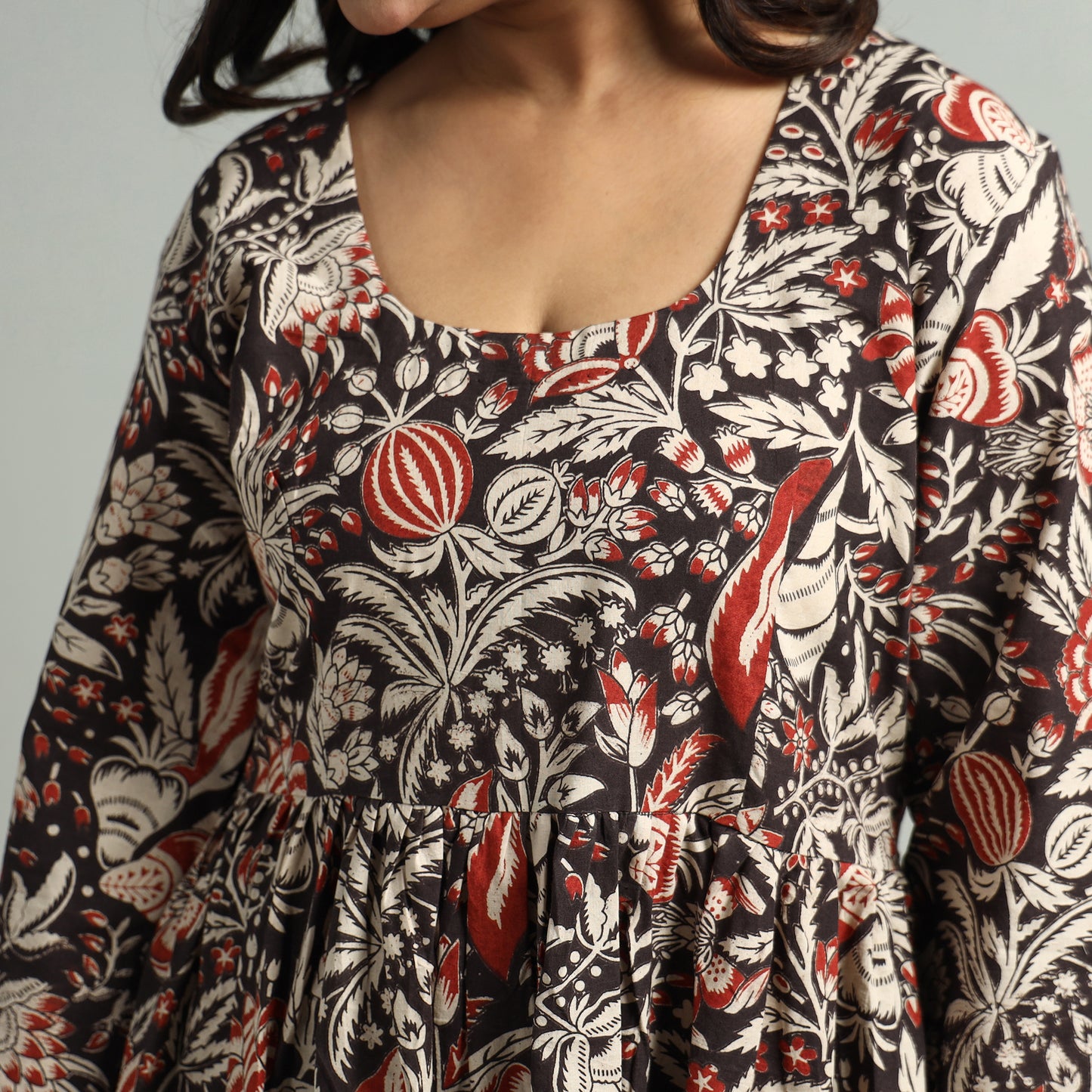 Black - Kalamkari Printed Tiered Cotton Dress