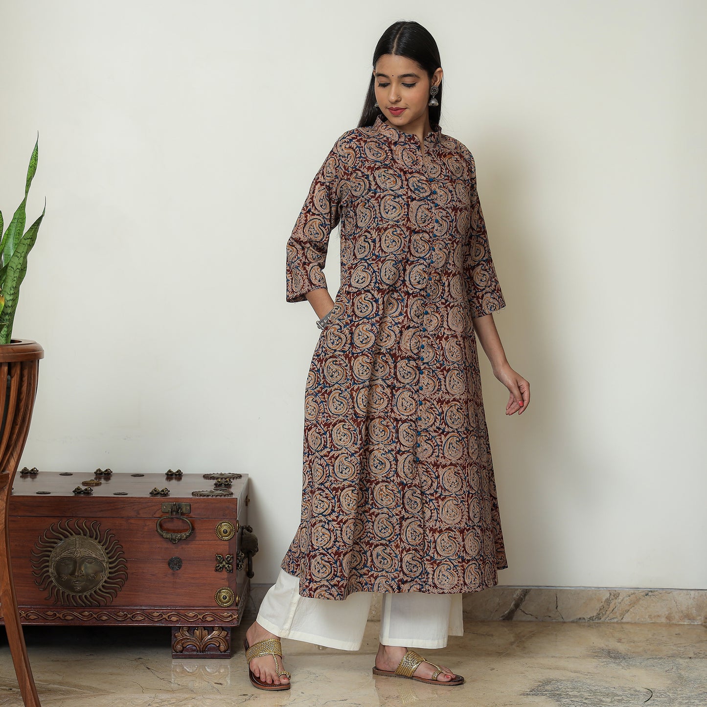 Buy Hand Block Print Cotton A-Line Kalamkari Kurta For Women