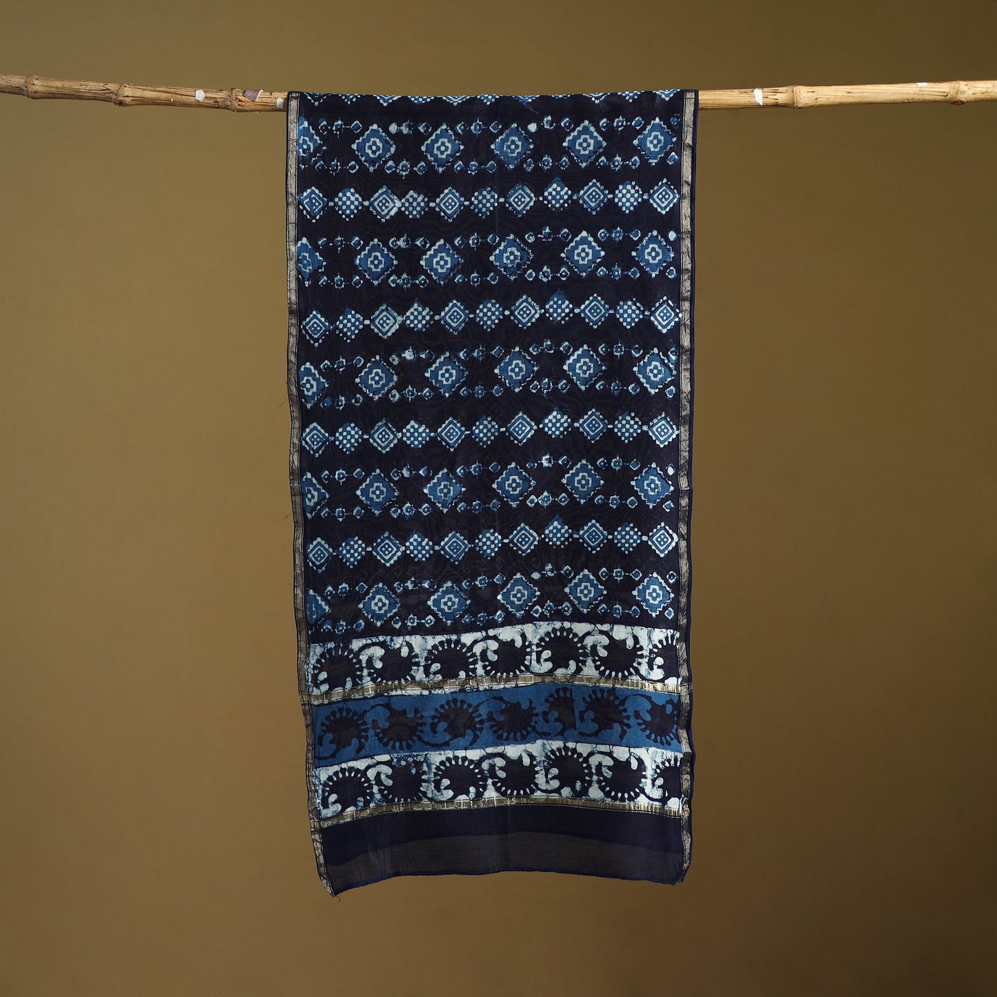 Blue - Pipad Hand Block Print Natural Dyed Chanderi Silk Handloom Stole 20