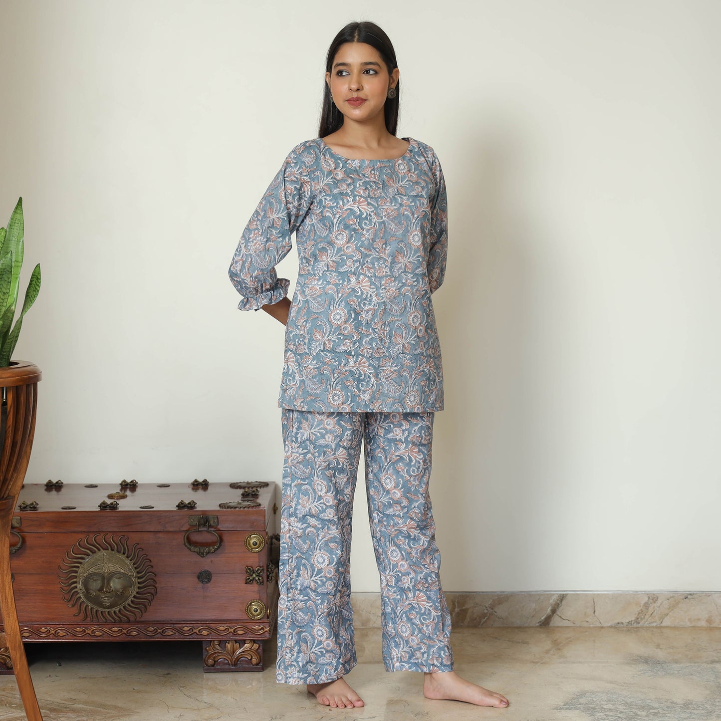 Blue - Sanganeri Block Printed Cotton Night Suit Set 19
