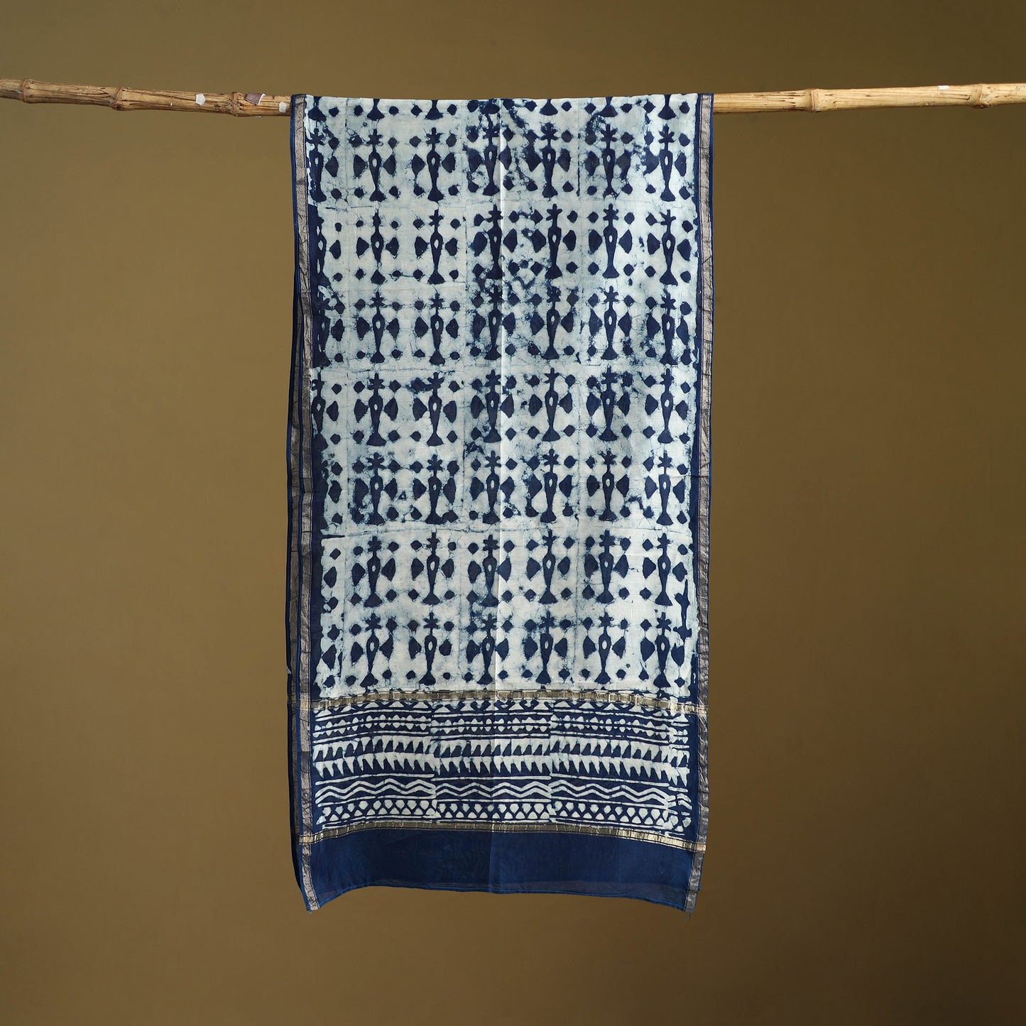 Blue - Pipad Hand Block Print Natural Dyed Chanderi Silk Handloom Stole 23