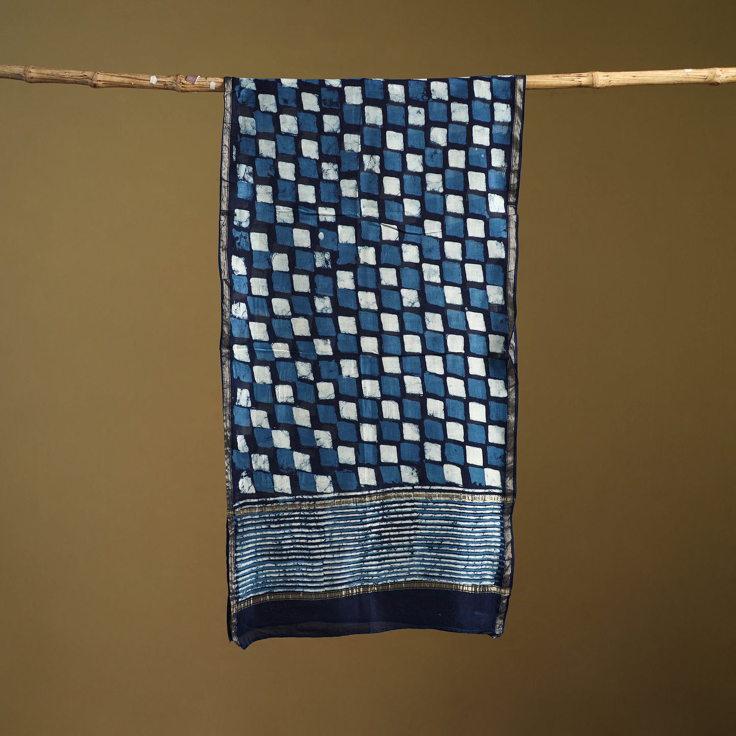 Blue - Pipad Hand Block Print Natural Dyed Chanderi Silk Handloom Stole 24