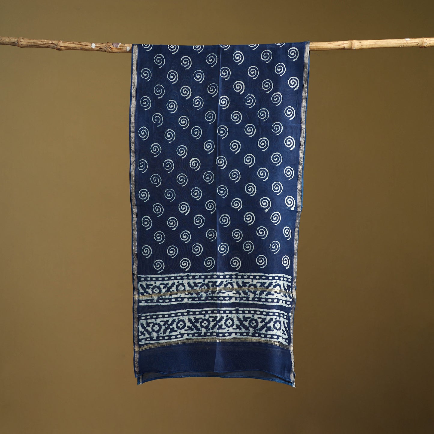 Blue - Pipad Hand Block Print Natural Dyed Chanderi Silk Handloom Stole 27