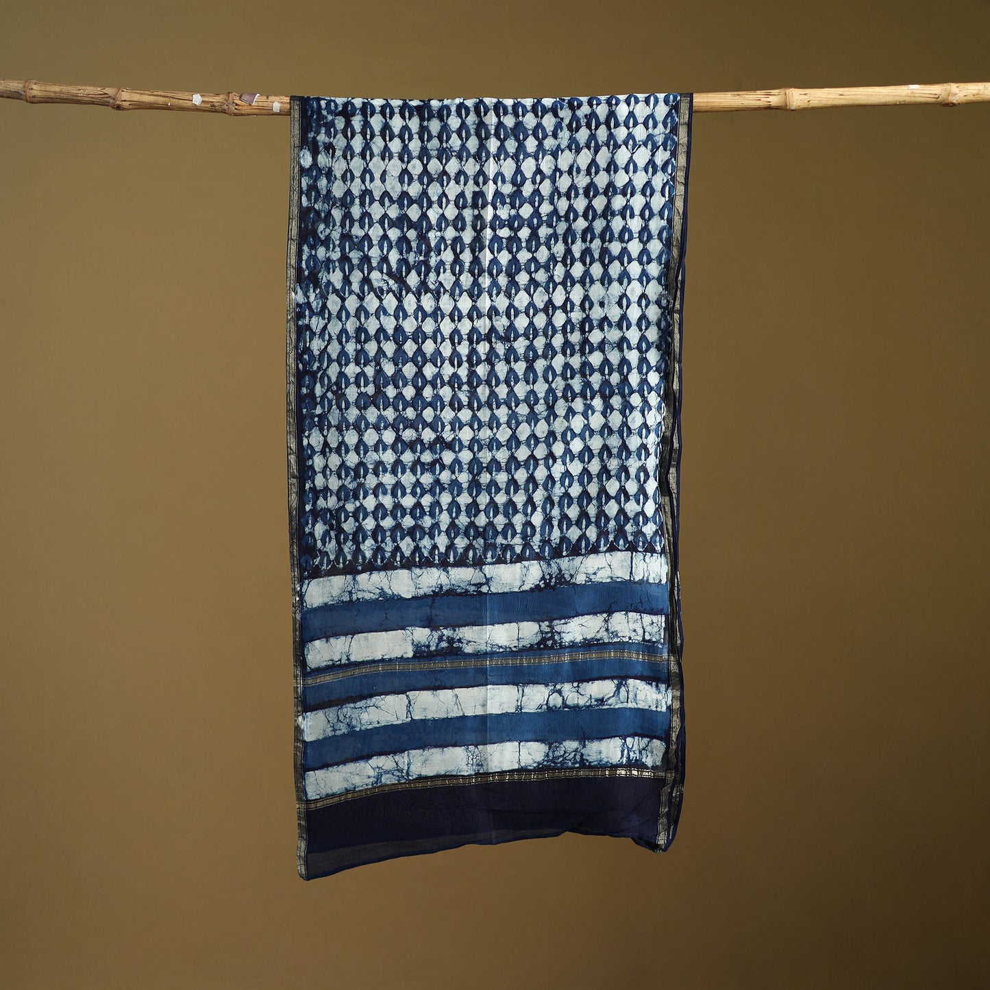 Blue - Pipad Hand Block Print Natural Dyed Chanderi Silk Handloom Stole 28
