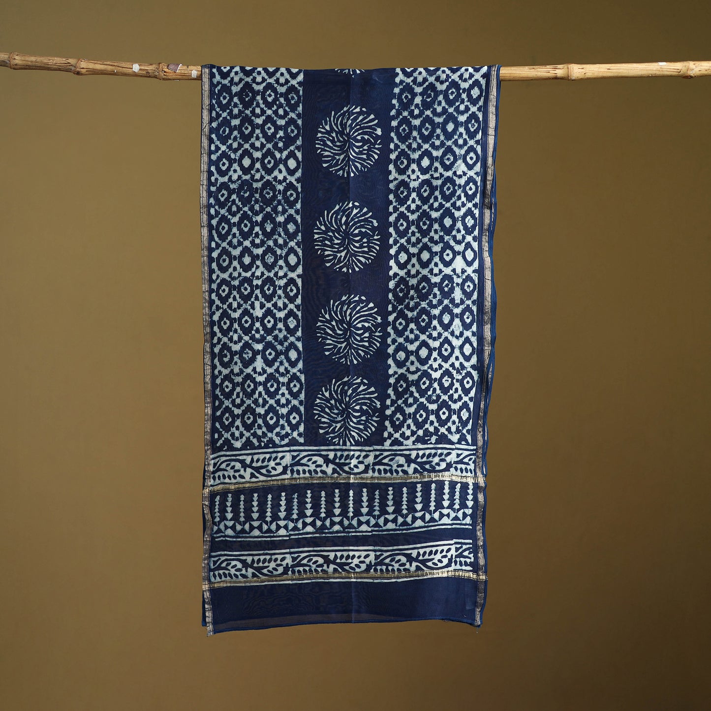 Blue - Pipad Hand Block Print Natural Dyed Chanderi Silk Handloom Stole 31