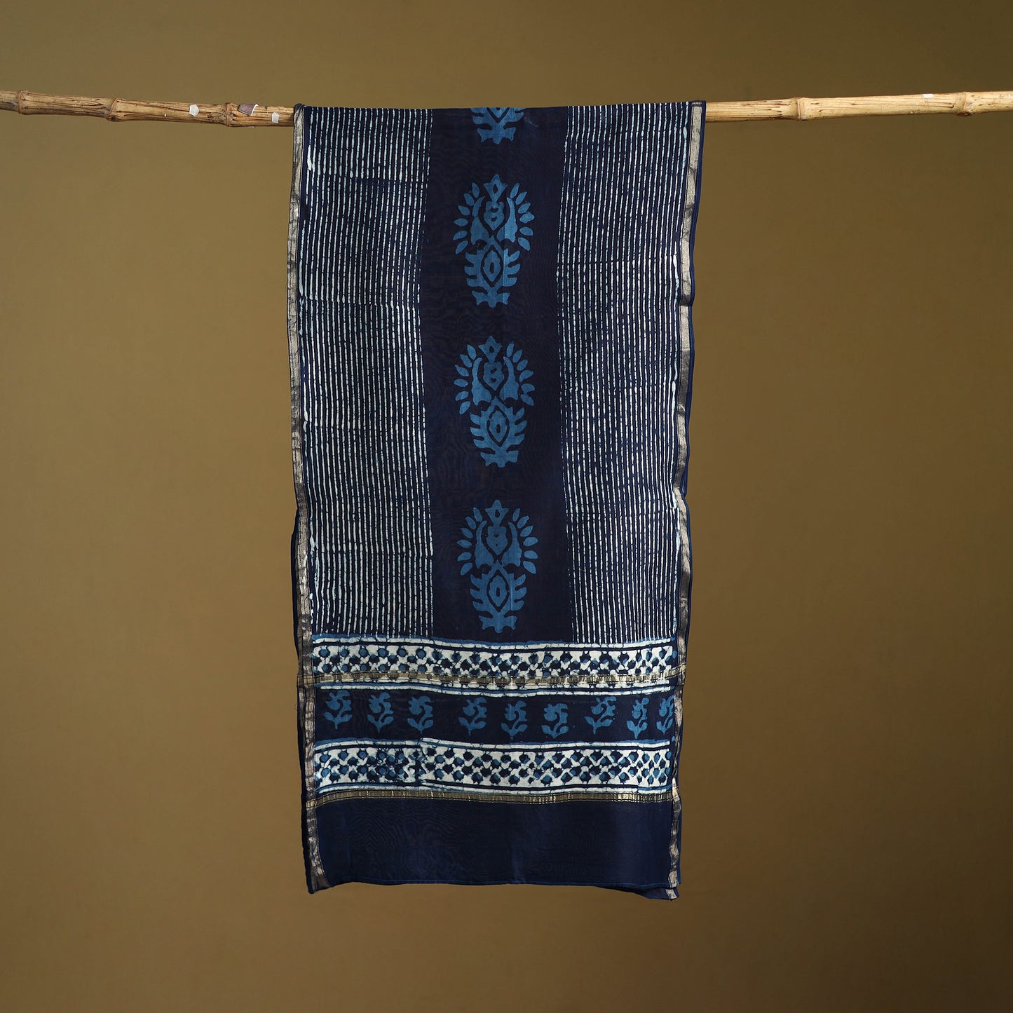 Blue - Pipad Hand Block Print Natural Dyed Chanderi Silk Handloom Stole 35