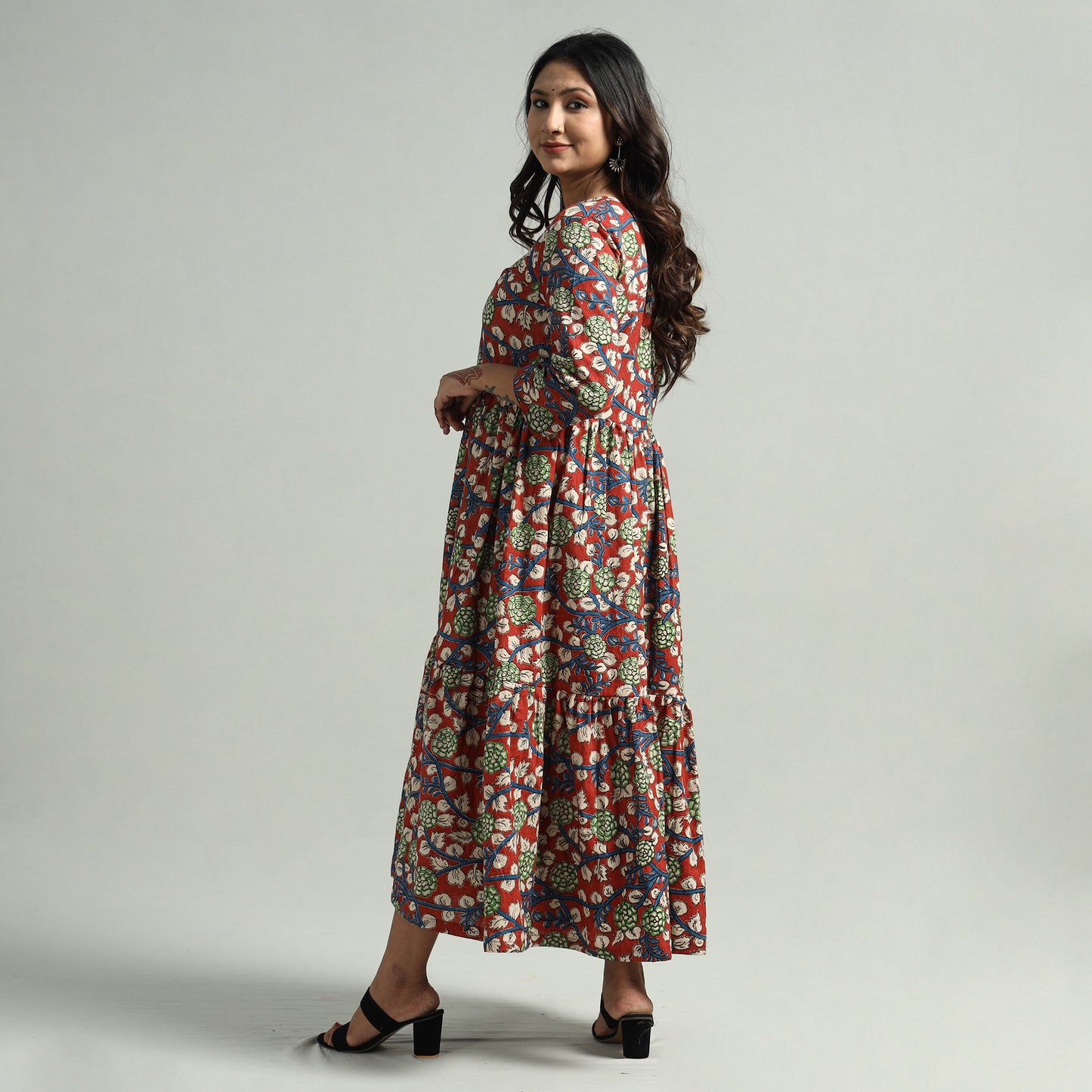 Buy Kalamkari Printed Tiered Cotton Dress Online at iTokri.com