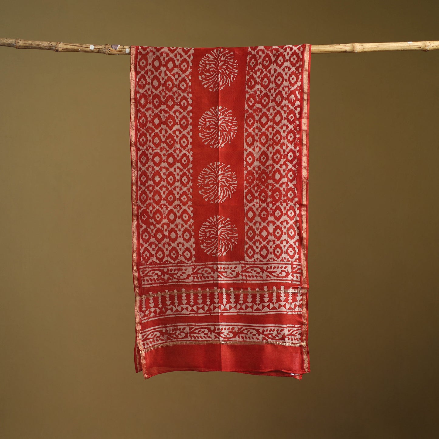 Red - Pipad Hand Block Print Natural Dyed Chanderi Silk Handloom Stole 39