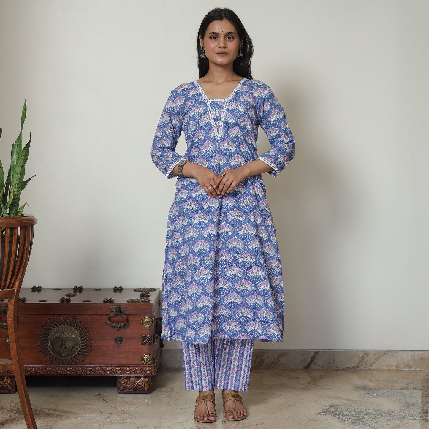 Blue - Sanganeri Block Printed Cotton Kurta with Palazzo Set 08