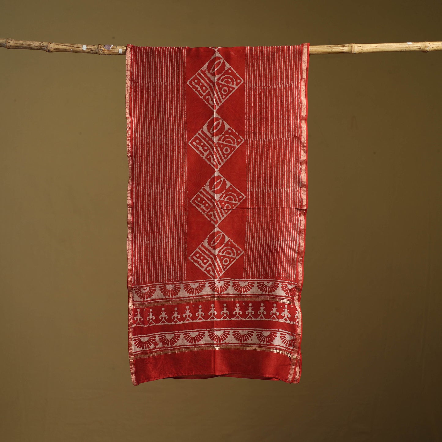 Red - Pipad Hand Block Print Natural Dyed Chanderi Silk Handloom Stole 41