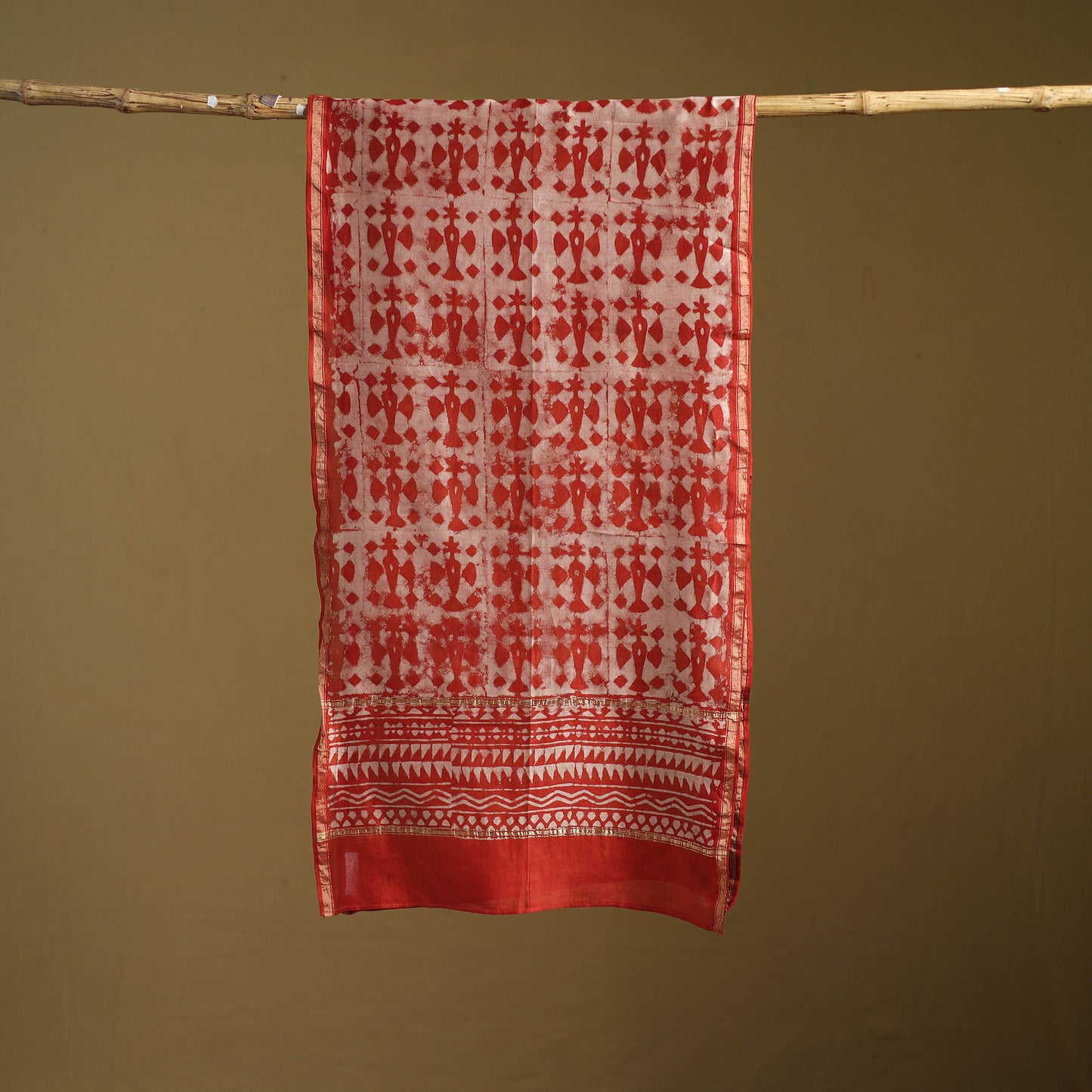 Red - Pipad Hand Block Print Natural Dyed Chanderi Silk Handloom Stole 42